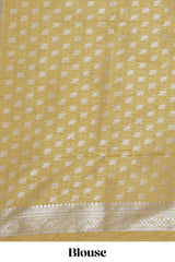 Mustard floral zari motifs design raw silk saree with self zari border and matching motifs blouse