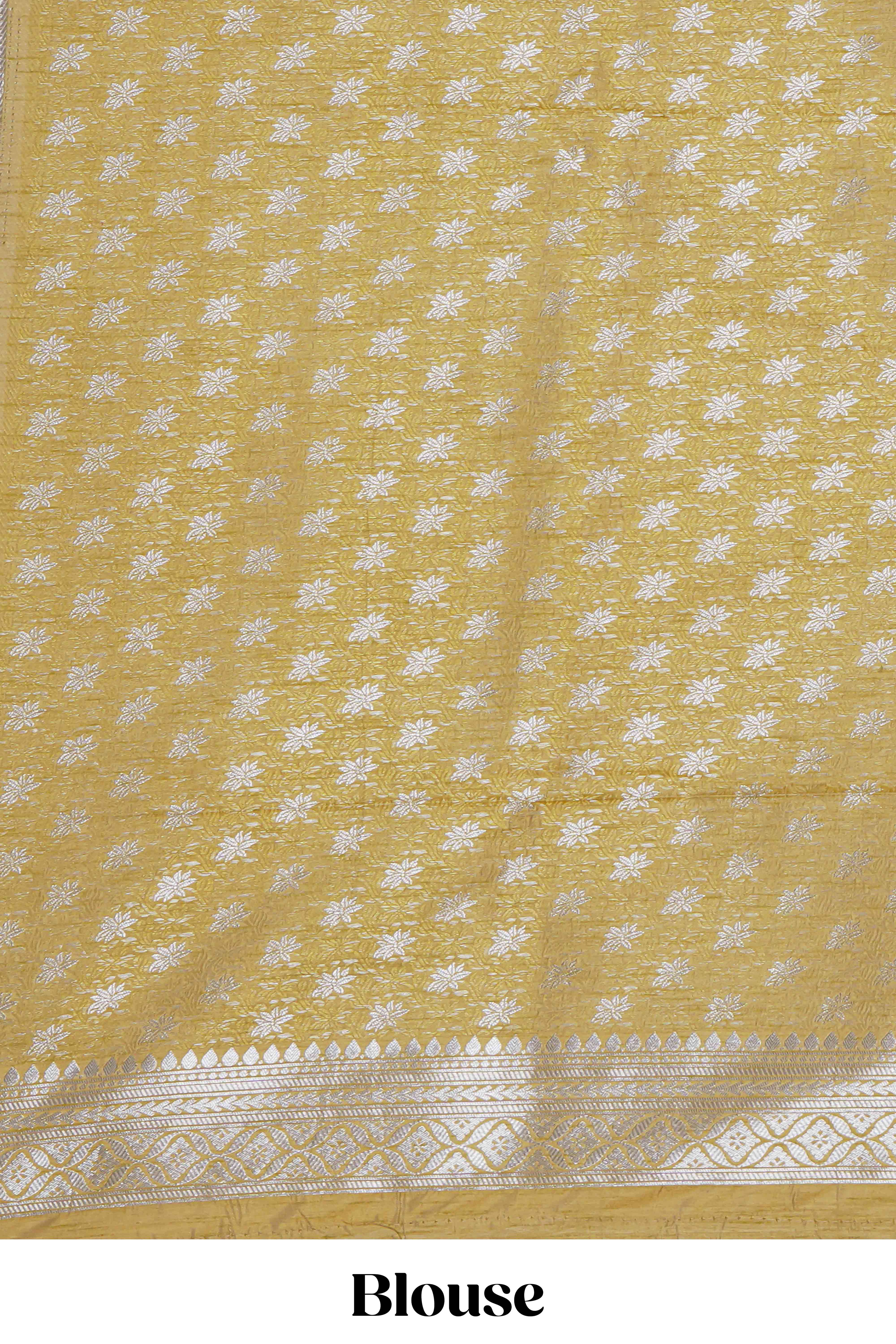 Mustard floral zari motifs design raw silk saree with self zari border and matching motifs blouse