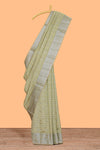 Green checked zari design raw silk saree with self zari border and matching striped blouse