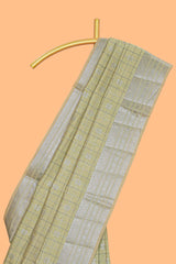 Green checked zari design raw silk saree with self zari border and matching striped blouse