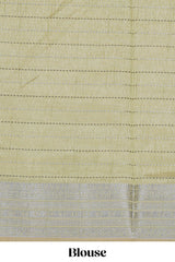 Green checked zari design raw silk saree with self zari border and matching striped blouse