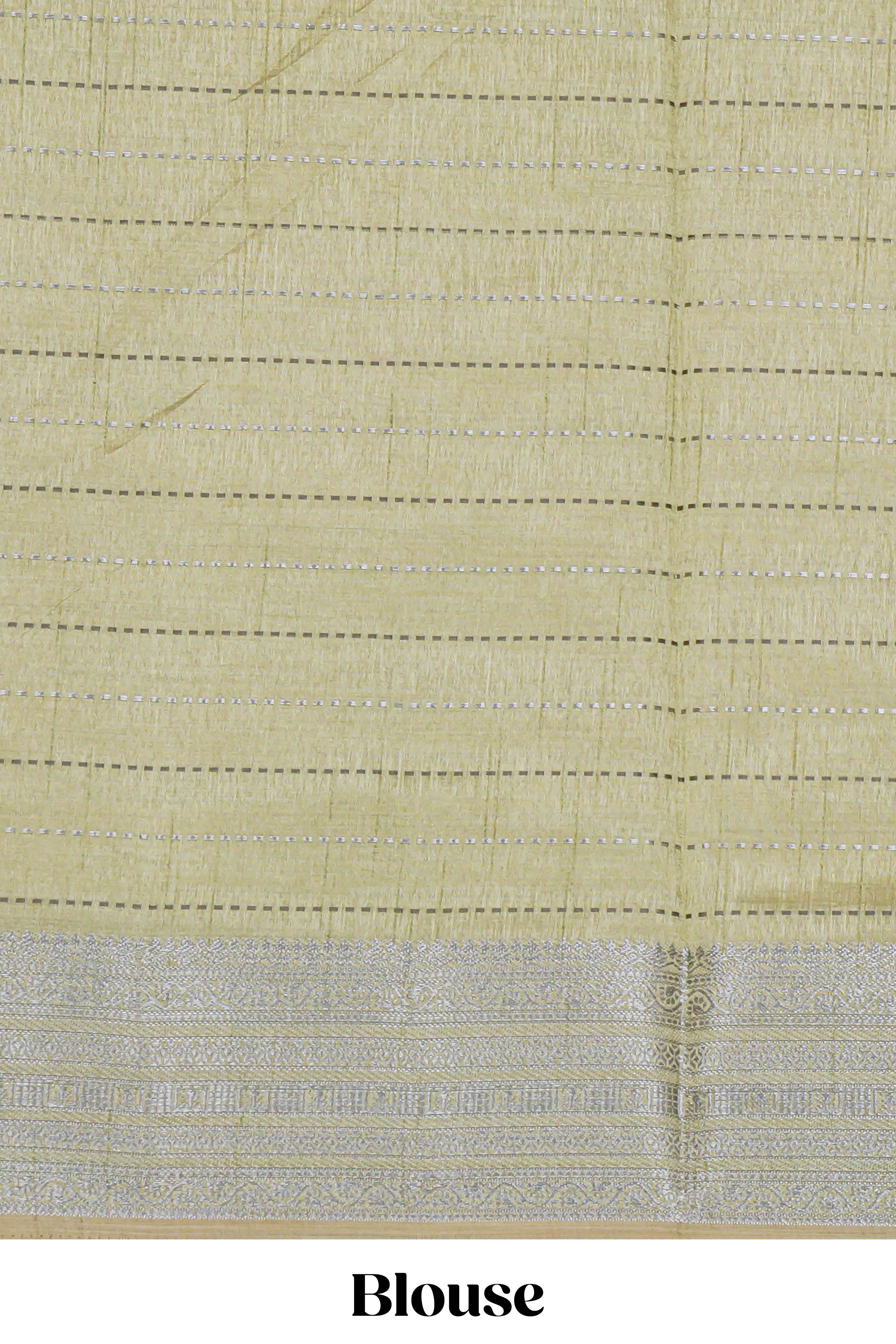 Green checked zari design raw silk saree with self zari border and matching striped blouse