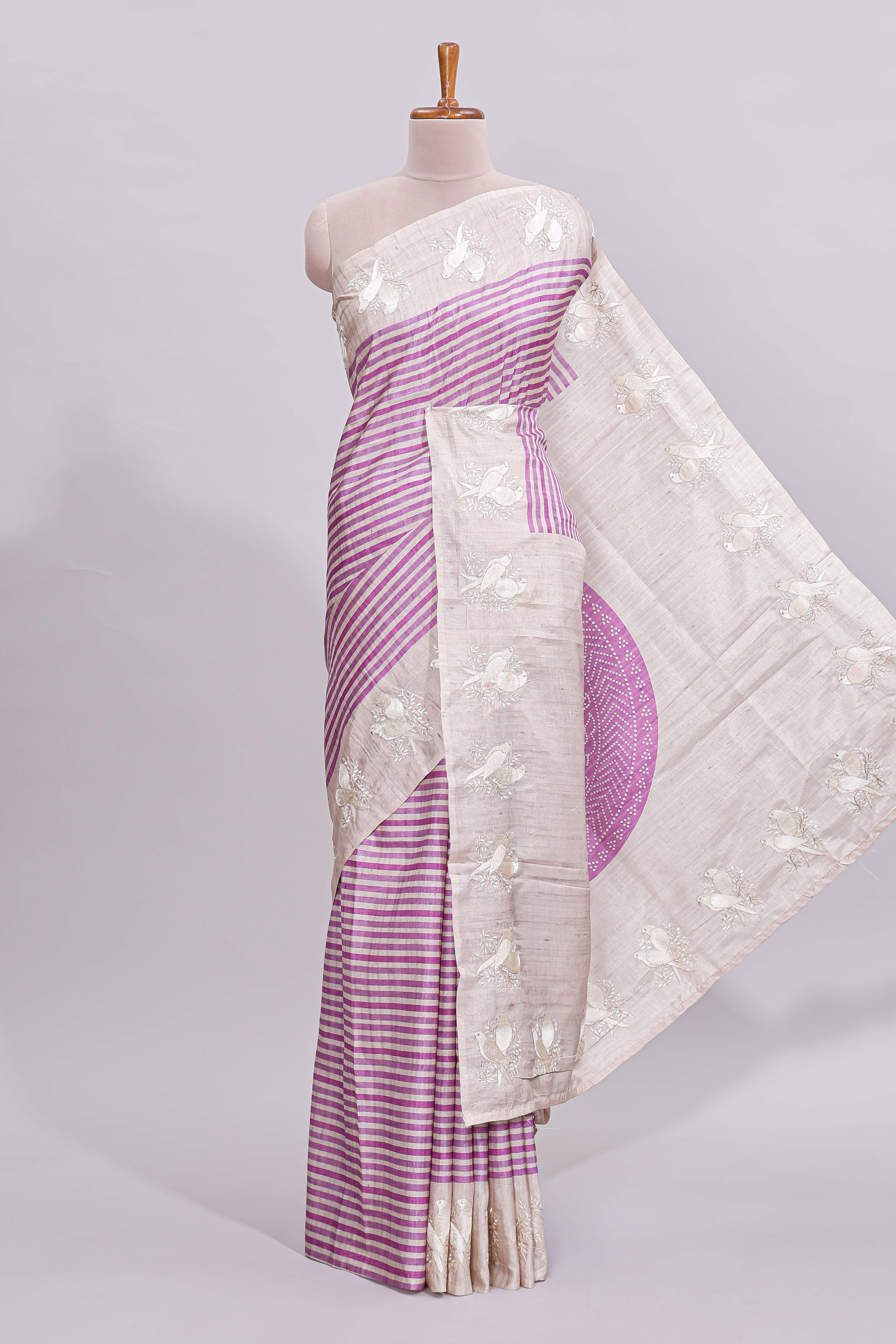 Beige striped design raw silk saree with self border and matching blouse