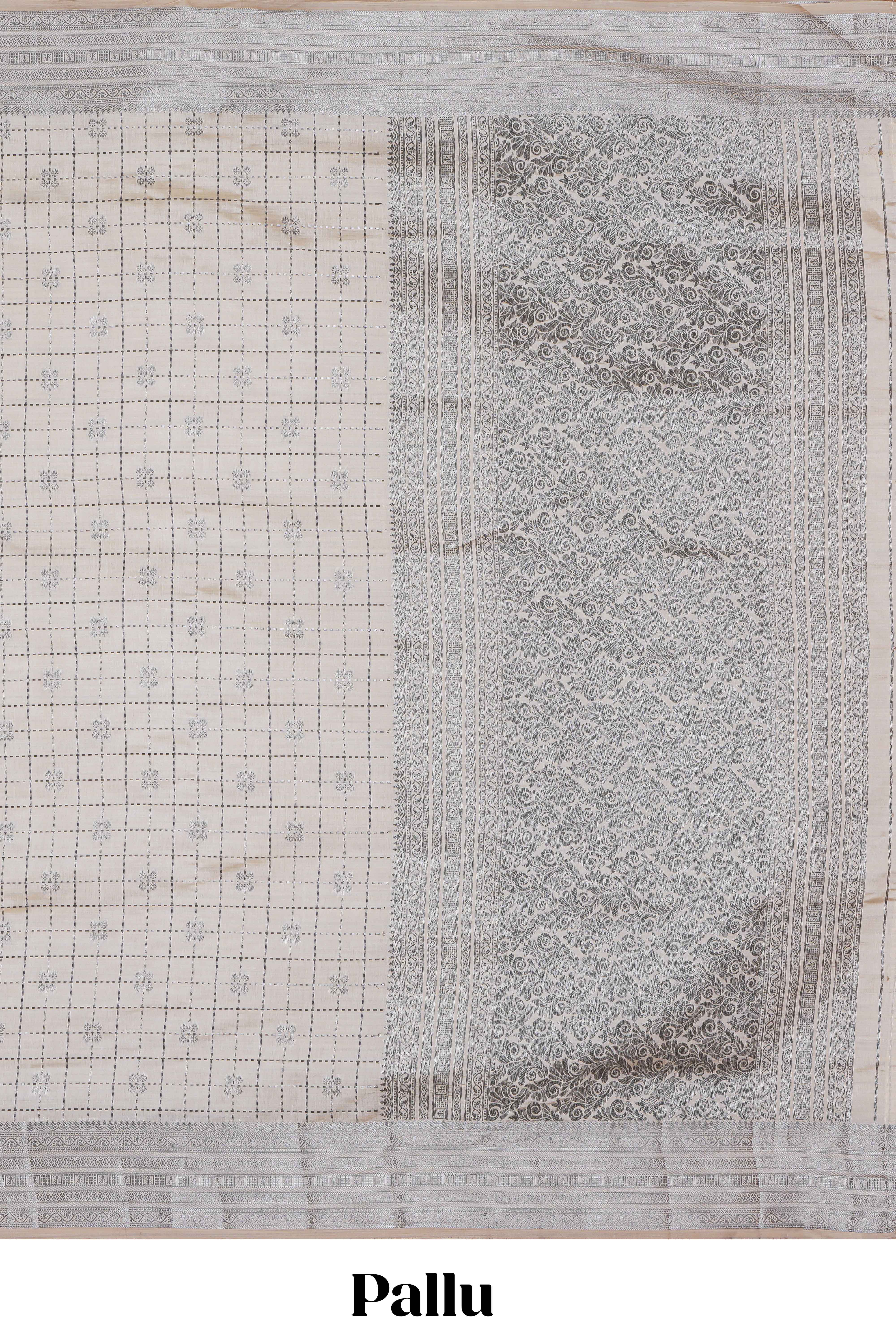 Off white checked zari design raw silk saree with self zari border and matching striped blouse