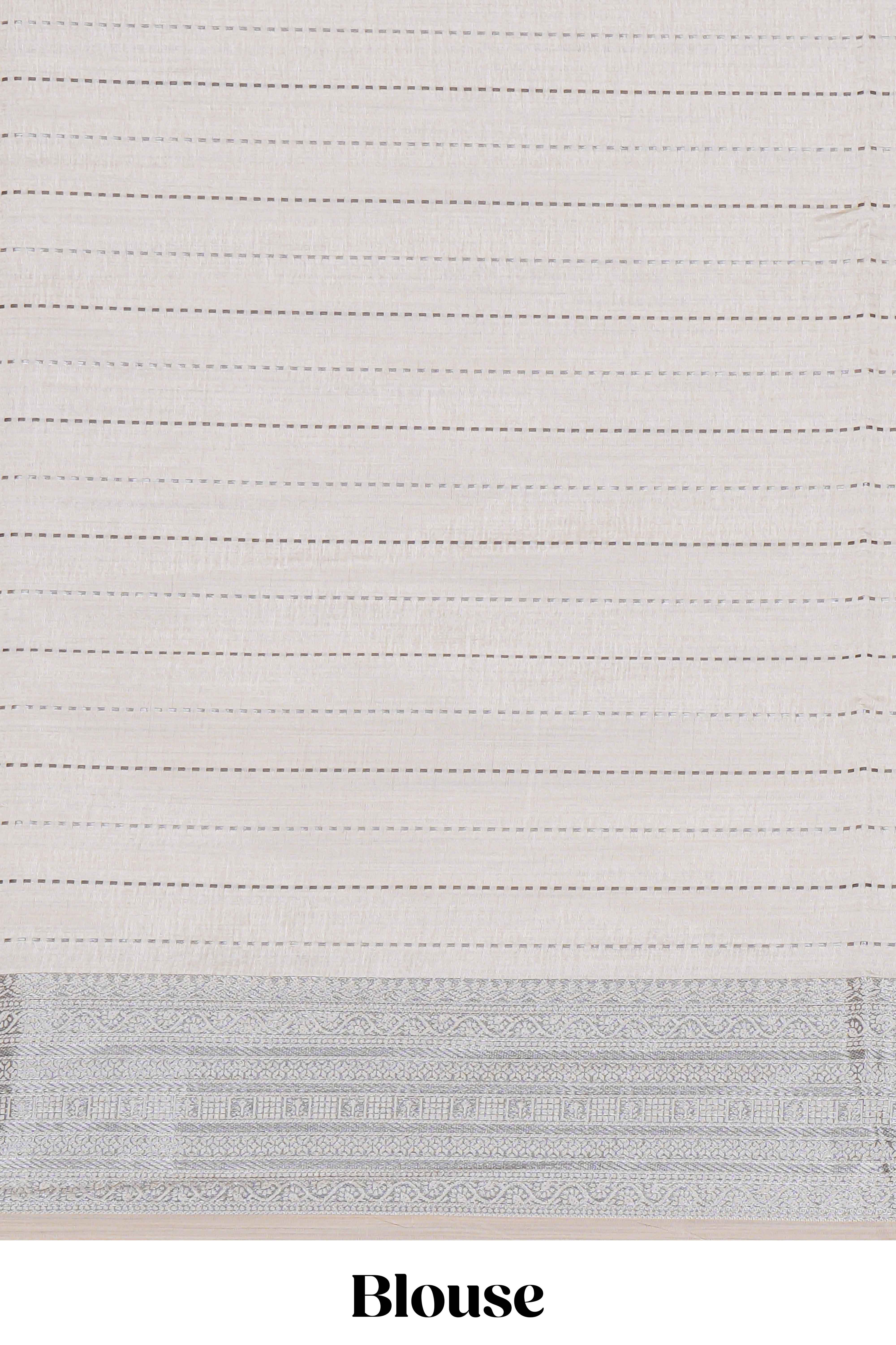 Off white checked zari design raw silk saree with self zari border and matching striped blouse