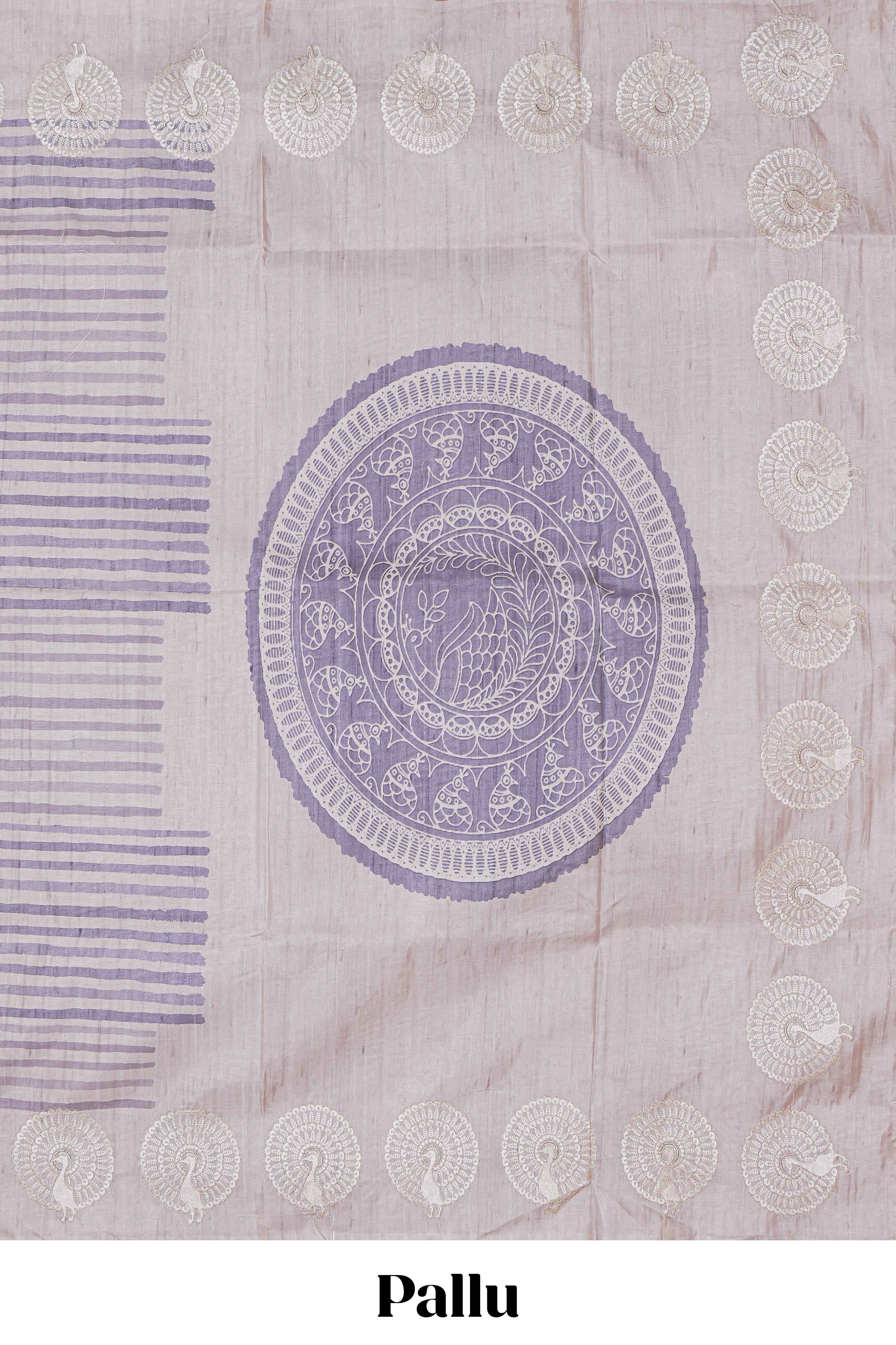 Off white striped design raw silk saree with self peacock design embroidery border and matching checked blouse