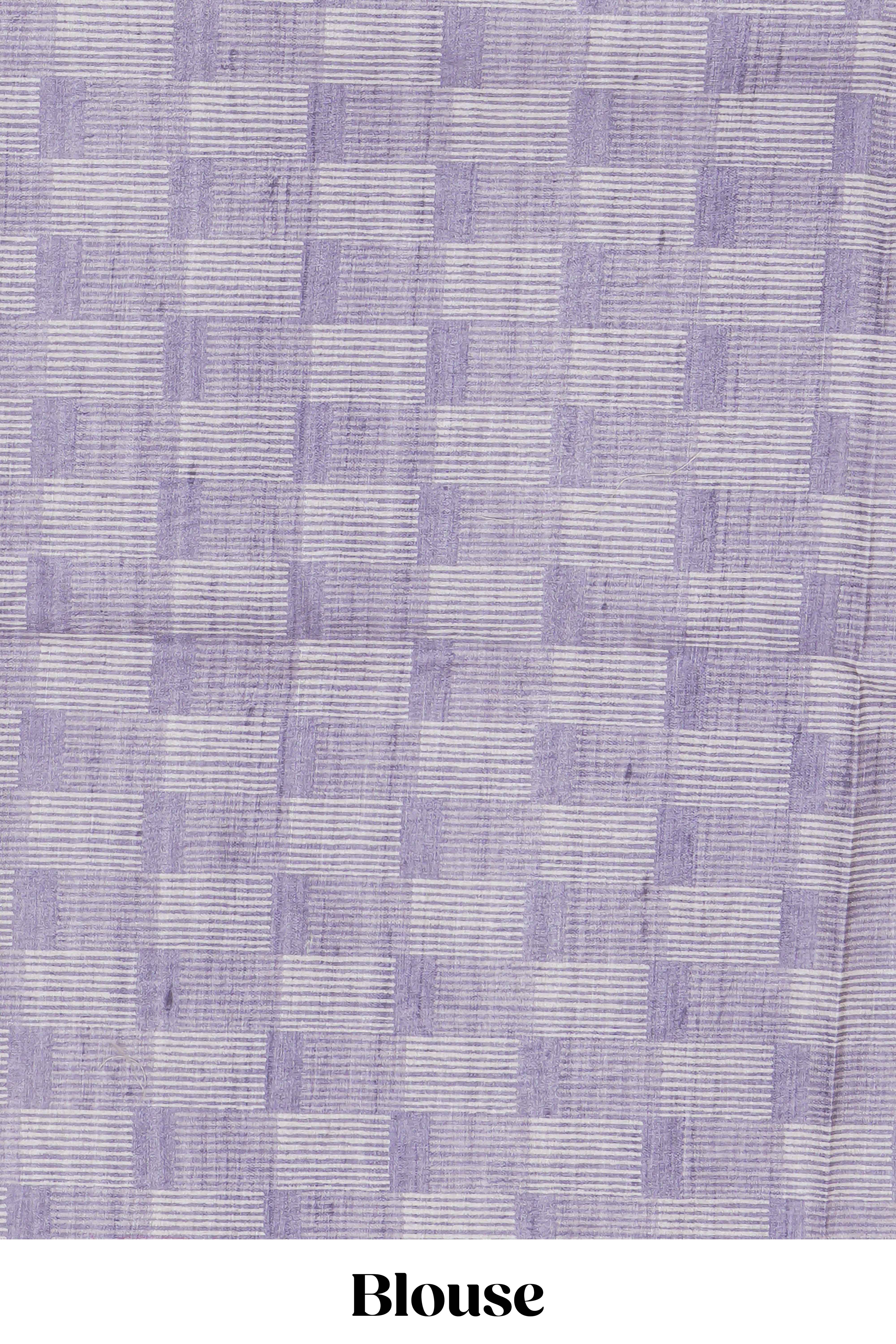 Off white striped design raw silk saree with self peacock design embroidery border and matching checked blouse
