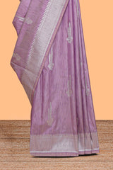 Lavender floral zari motifs design raw silk saree with self zari border and matching motifs blouse