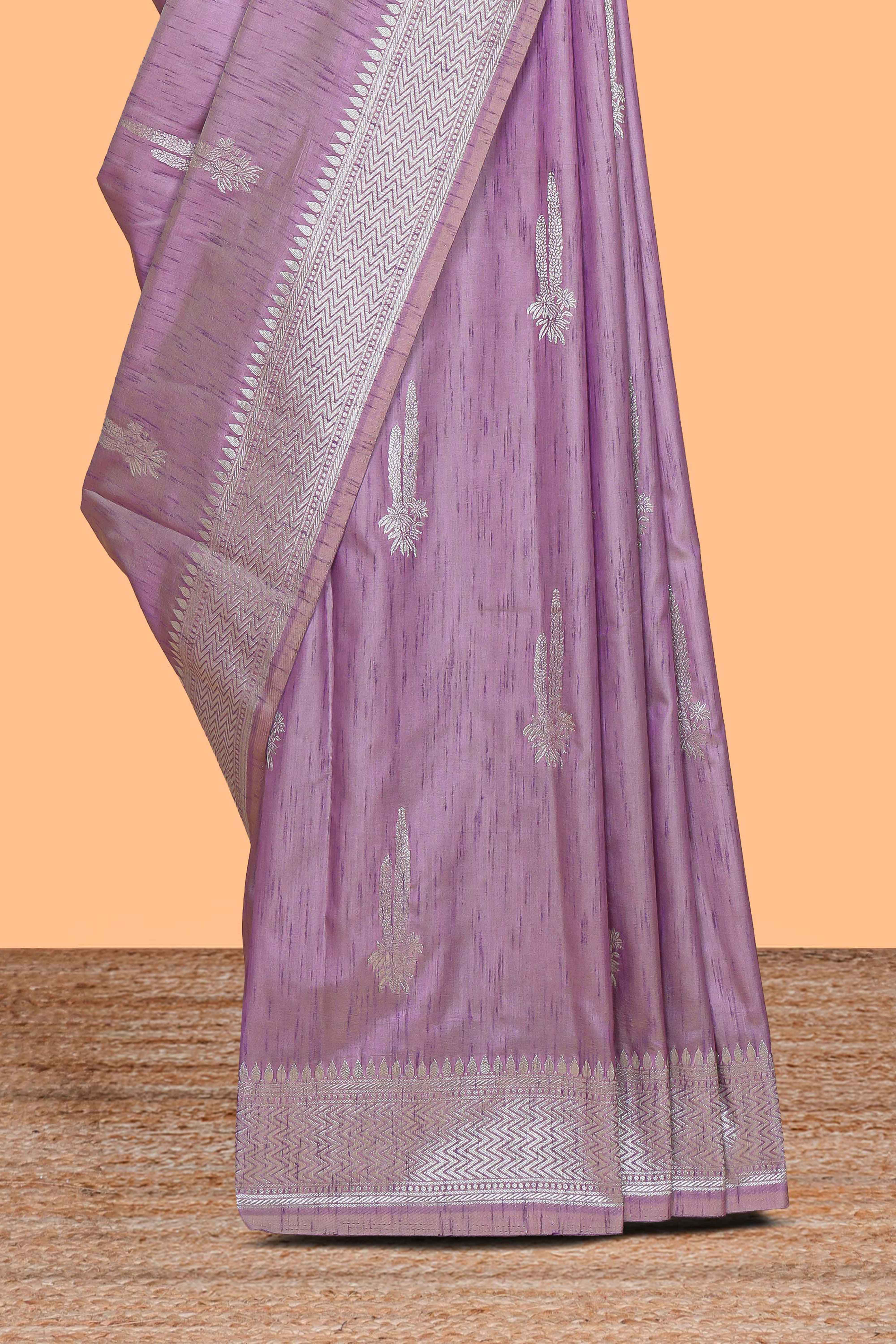 Lavender floral zari motifs design raw silk saree with self zari border and matching motifs blouse