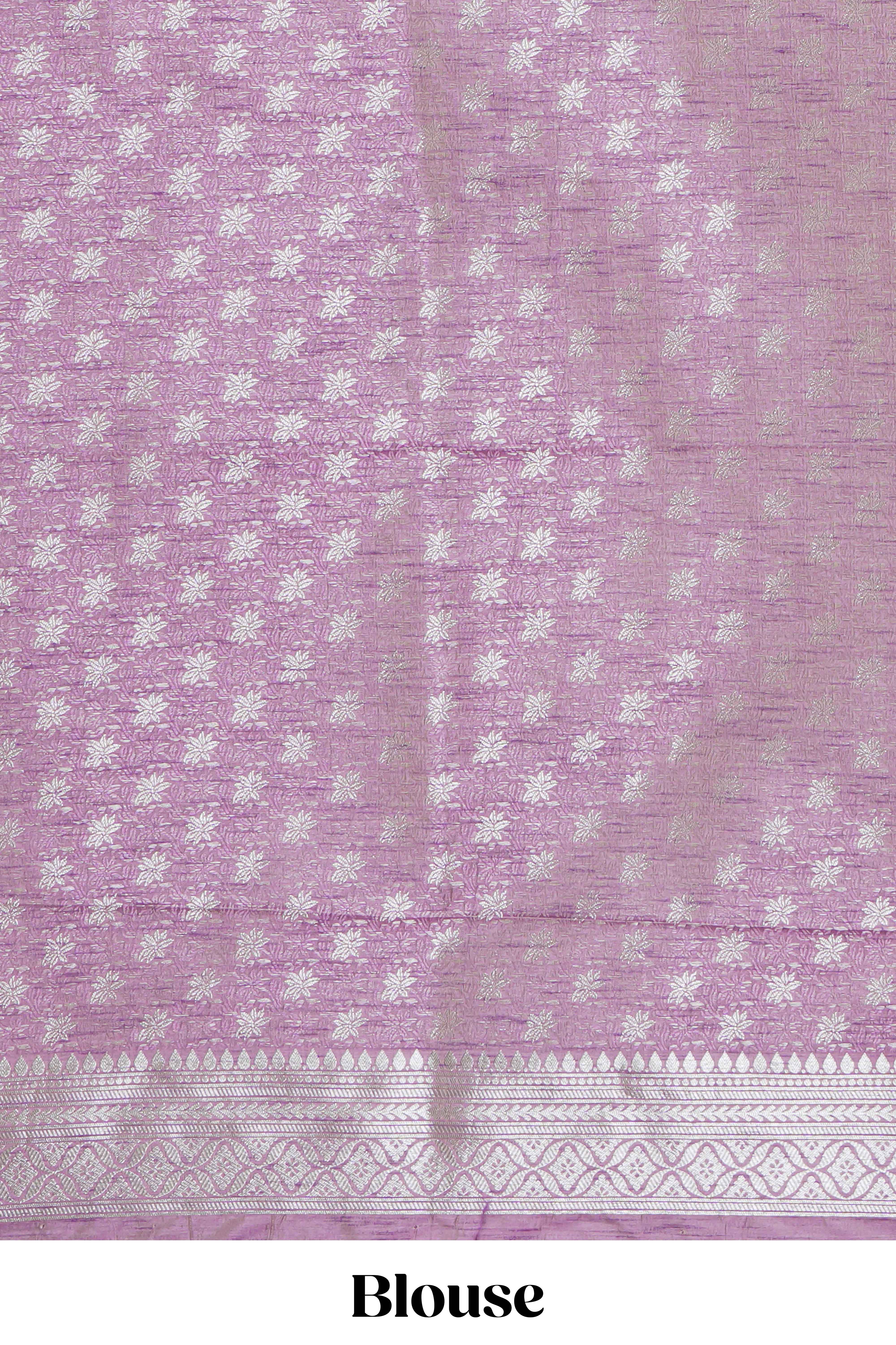 Lavender floral zari motifs design raw silk saree with self zari border and matching motifs blouse