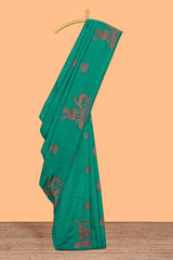 Borderless green zari motifs design raw silk saree with self zari pallu and matching blouse