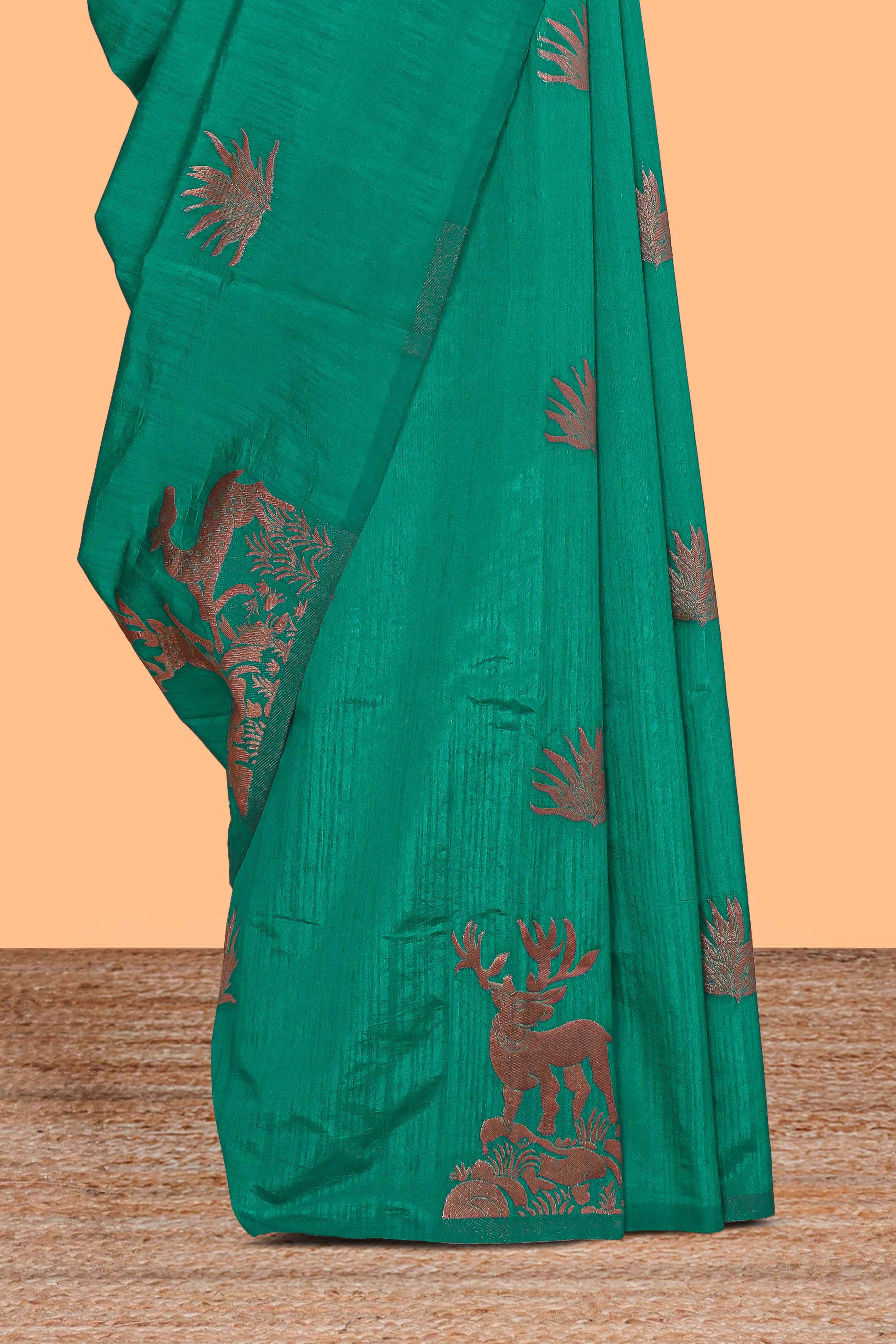 Borderless green zari motifs design raw silk saree with self zari pallu and matching blouse