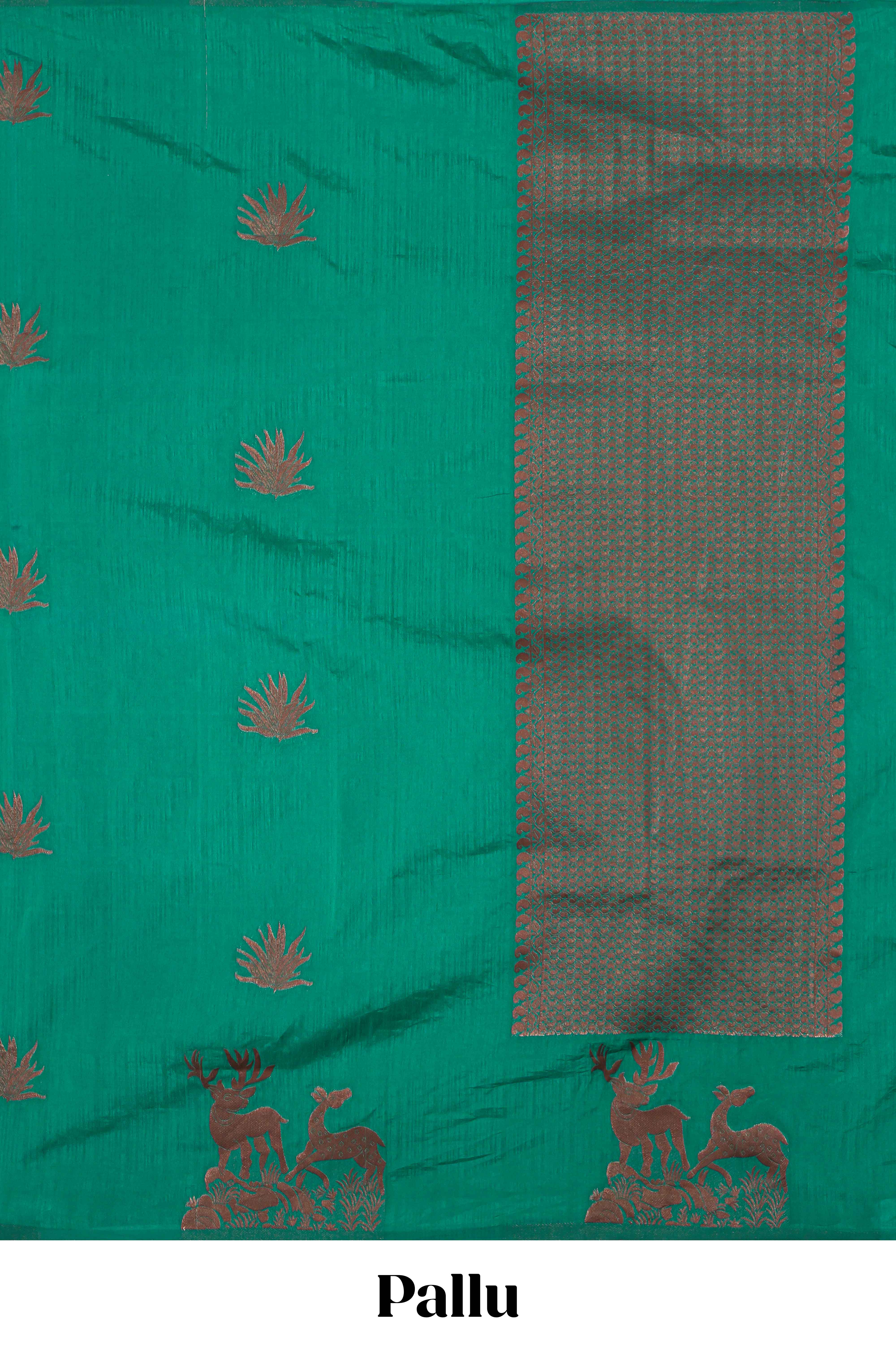 Borderless green zari motifs design raw silk saree with self zari pallu and matching blouse