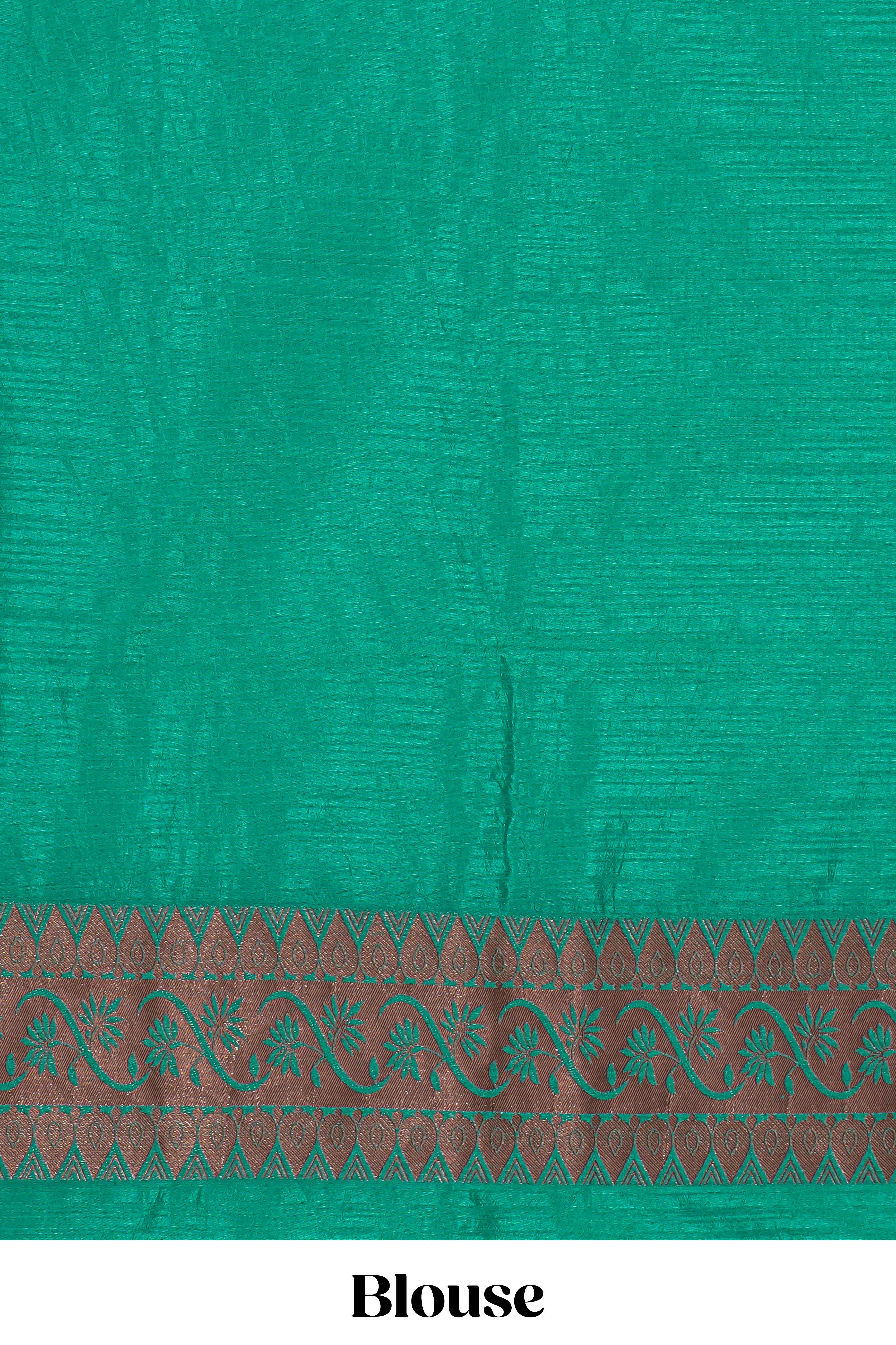 Borderless green zari motifs design raw silk saree with self zari pallu and matching blouse