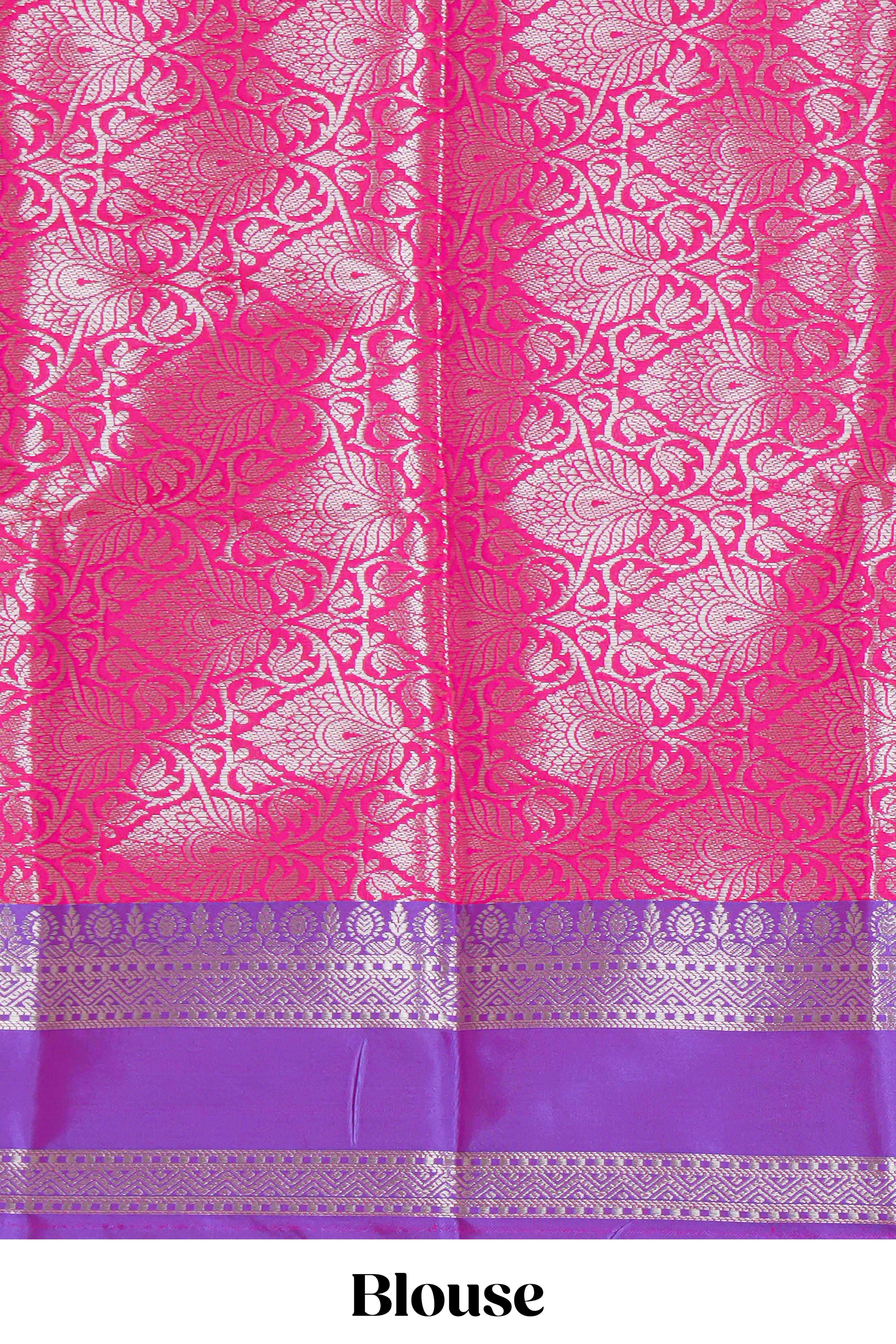 Violet zari motifs design raw silk saree with contrast zari border and zari design blouse