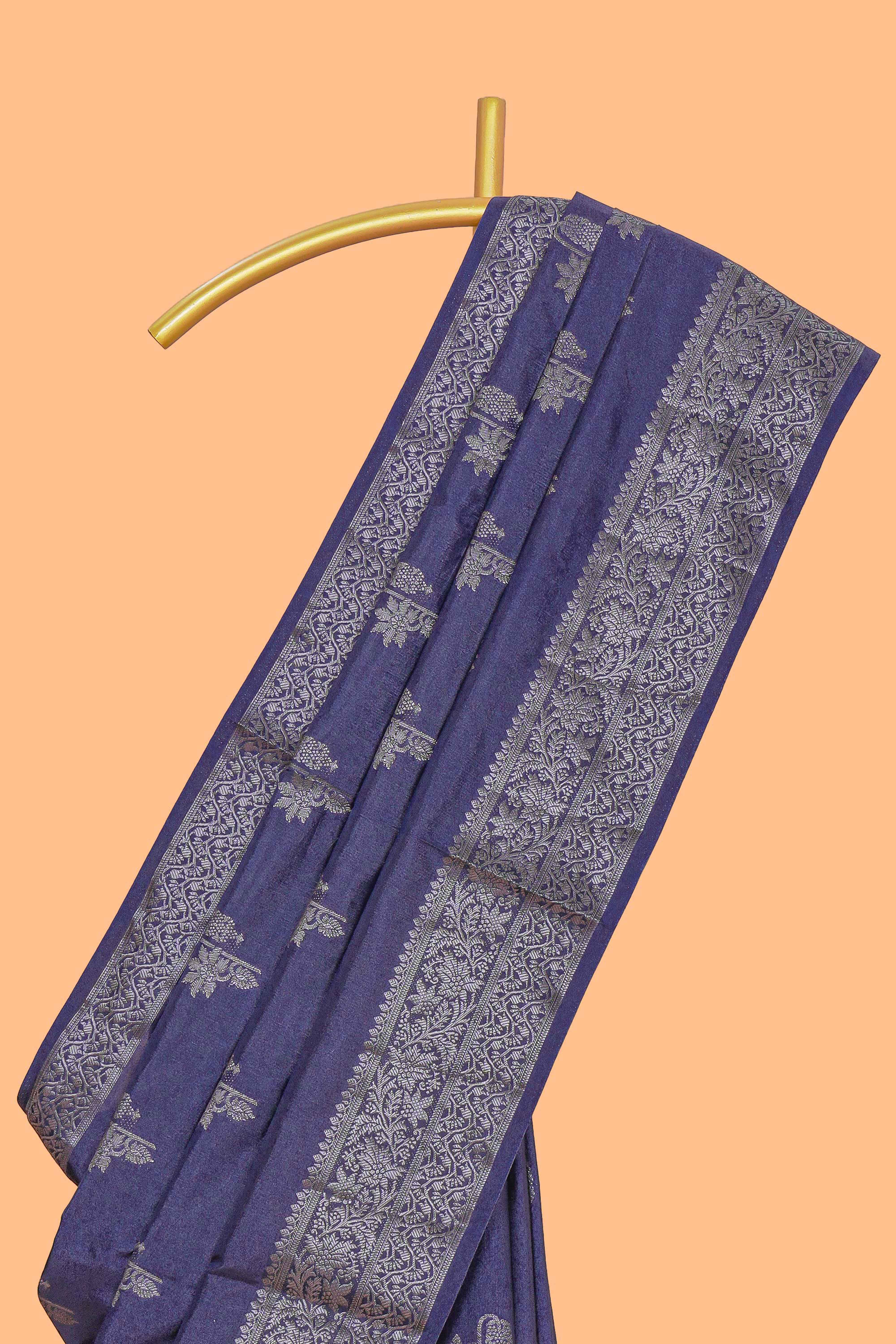 Blue floral zari motifs design raw silk saree with self zari border and contrast motifs blouse