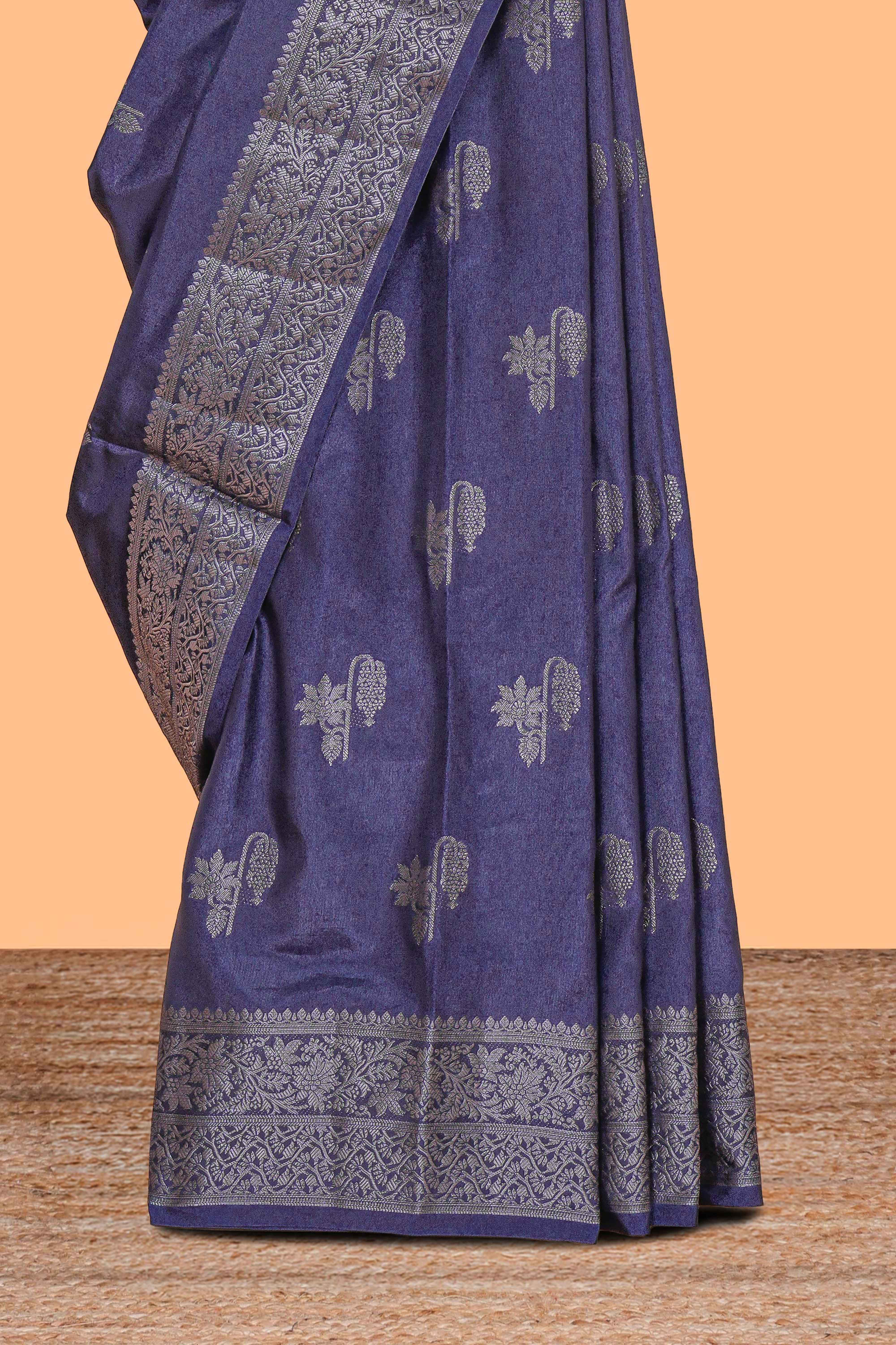 Blue floral zari motifs design raw silk saree with self zari border and contrast motifs blouse
