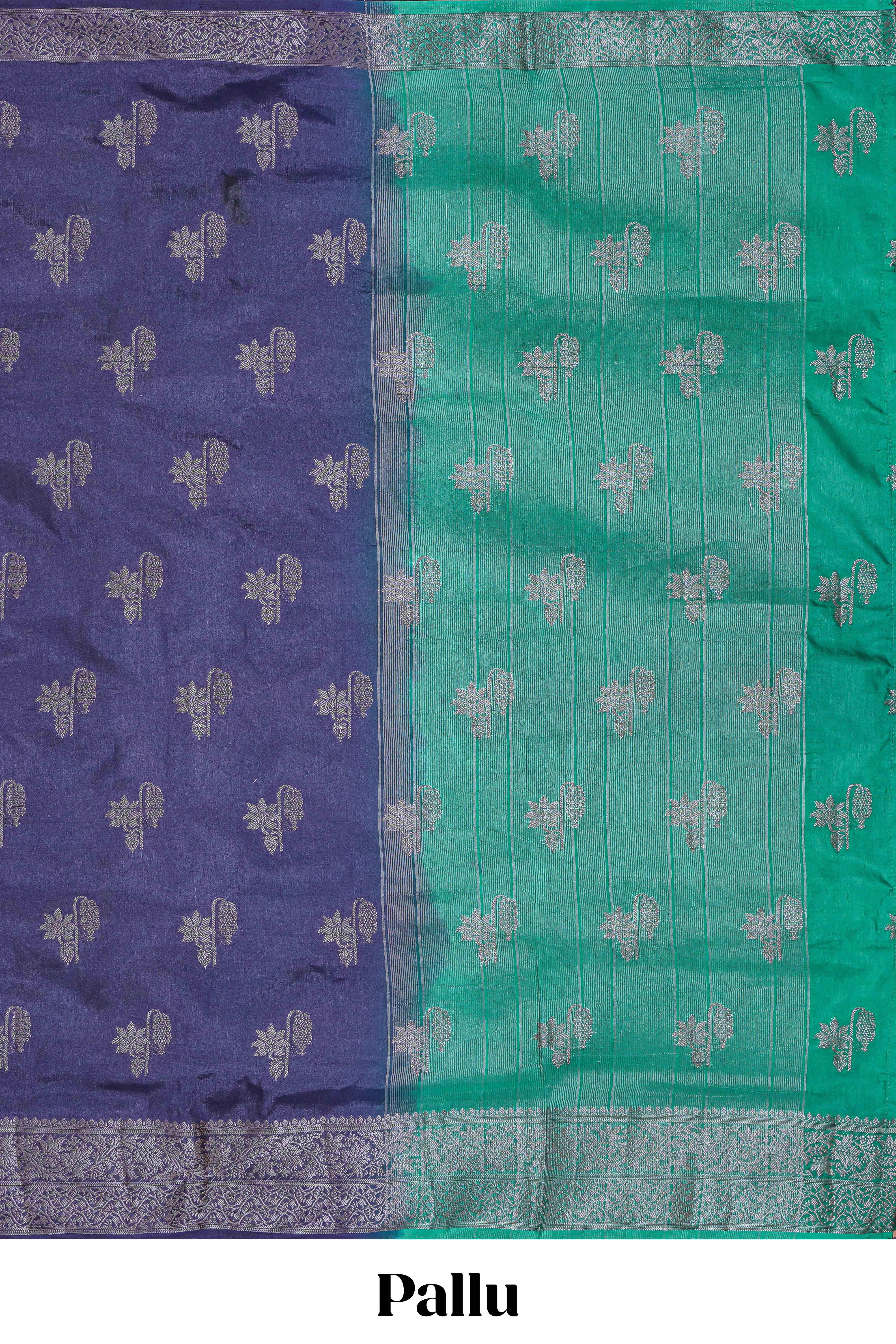 Blue floral zari motifs design raw silk saree with self zari border and contrast motifs blouse