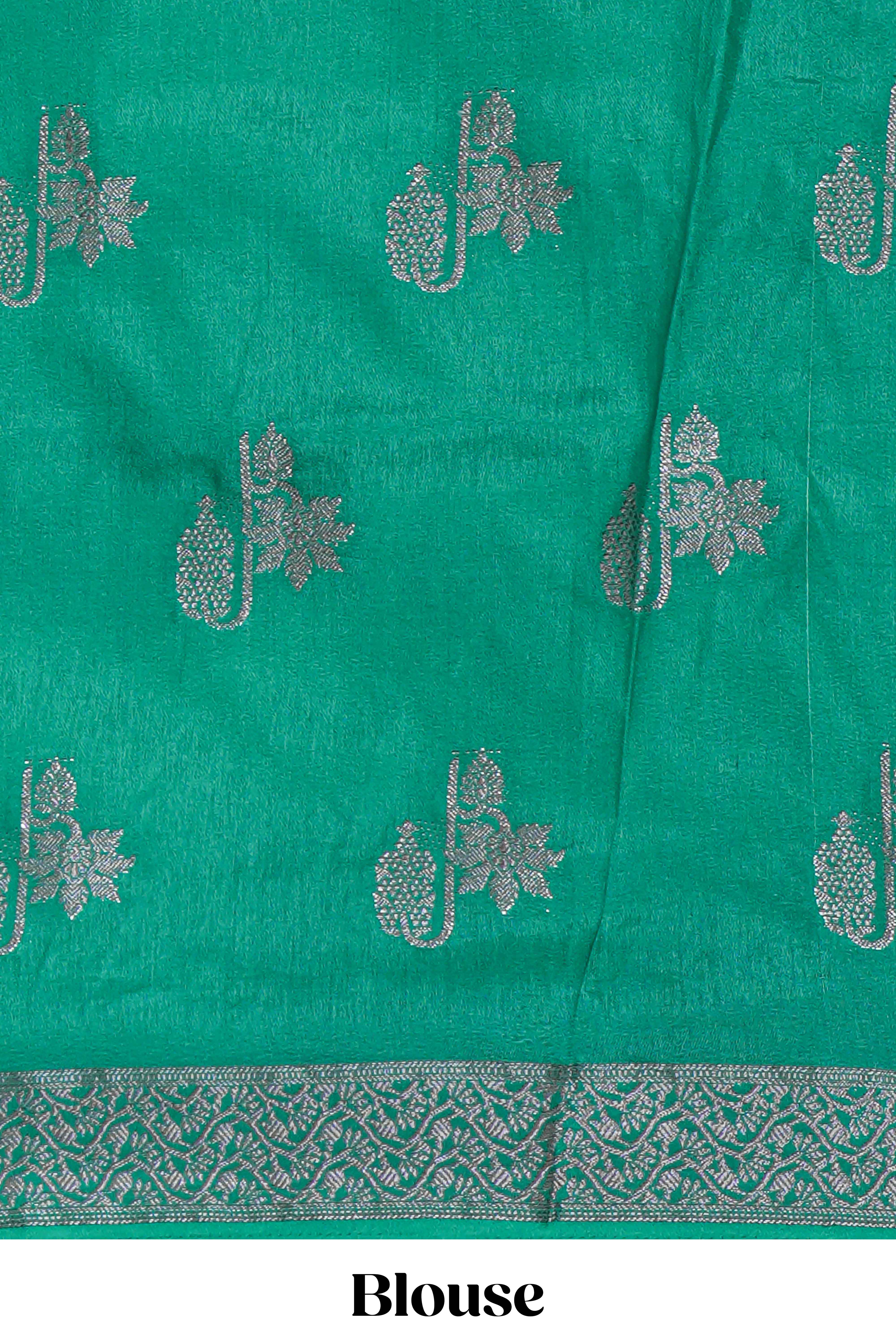 Blue floral zari motifs design raw silk saree with self zari border and contrast motifs blouse