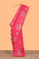 Pink floral zari motifs design raw silk saree with self zari border and matching blouse