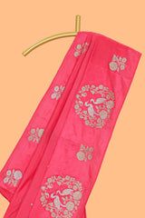 Pink floral zari motifs design raw silk saree with self zari border and matching blouse