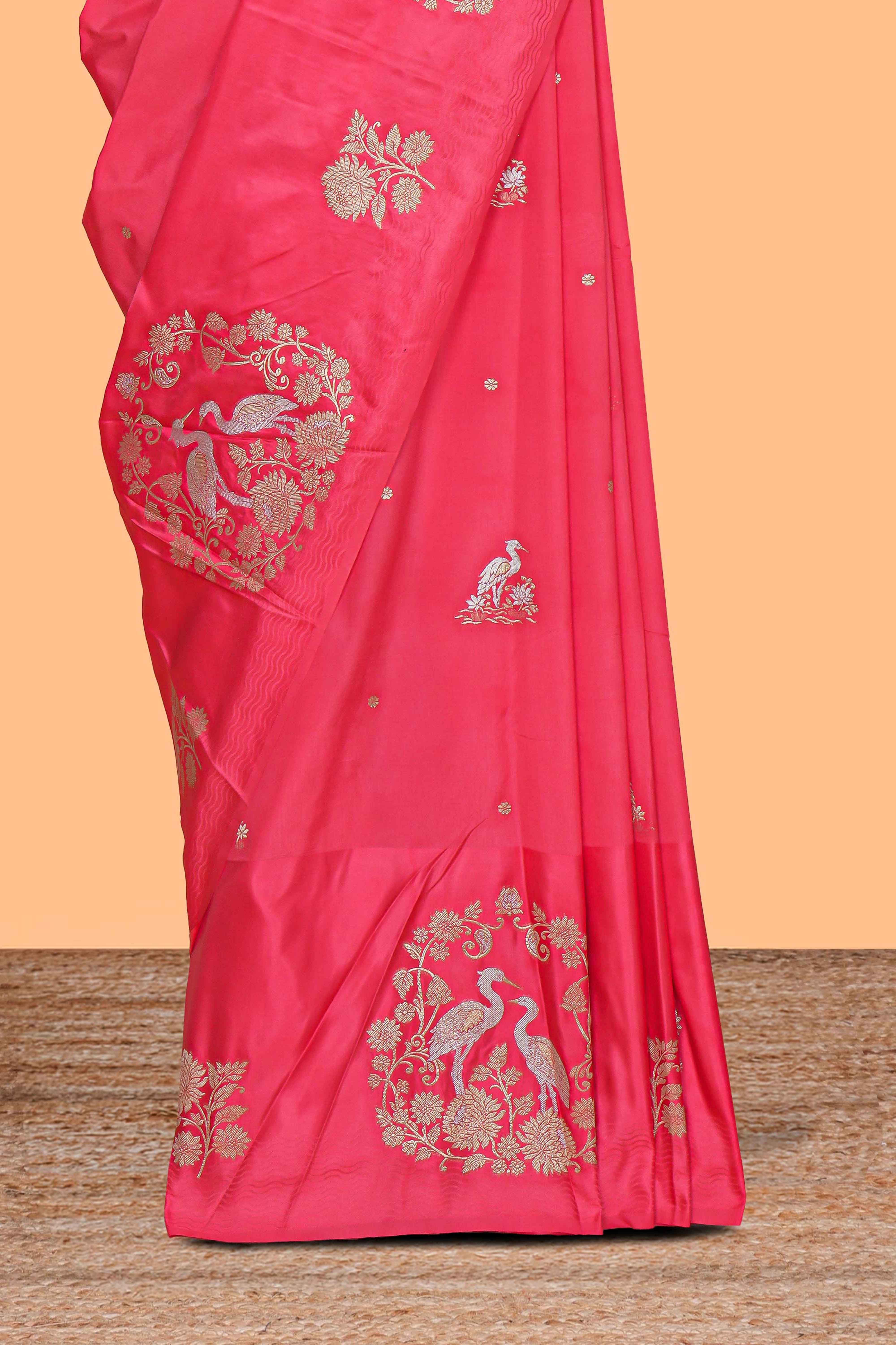 Pink floral zari motifs design raw silk saree with self zari border and matching blouse