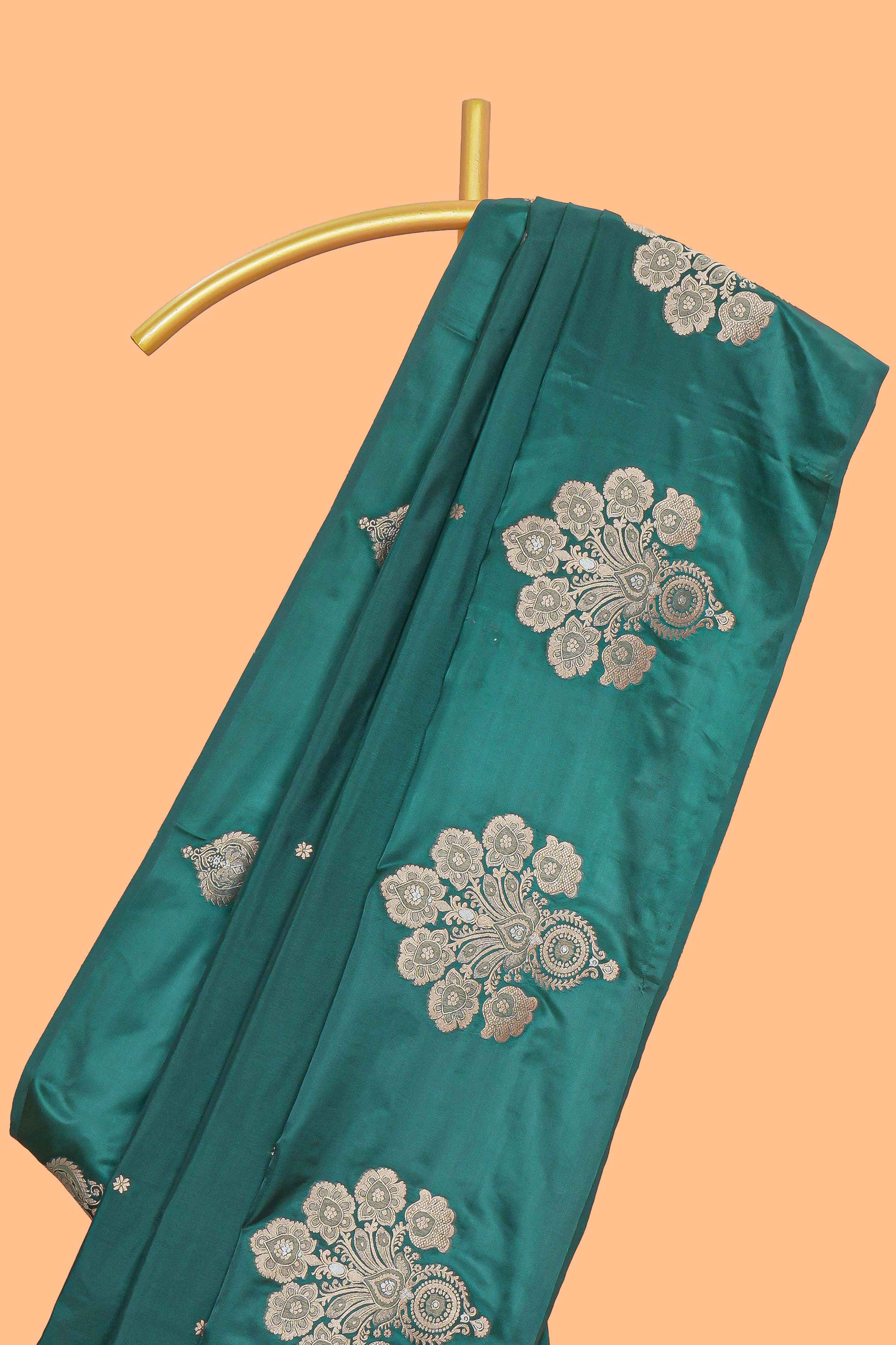 Green floral zari motifs design raw silk saree with self zari border and matching blouse