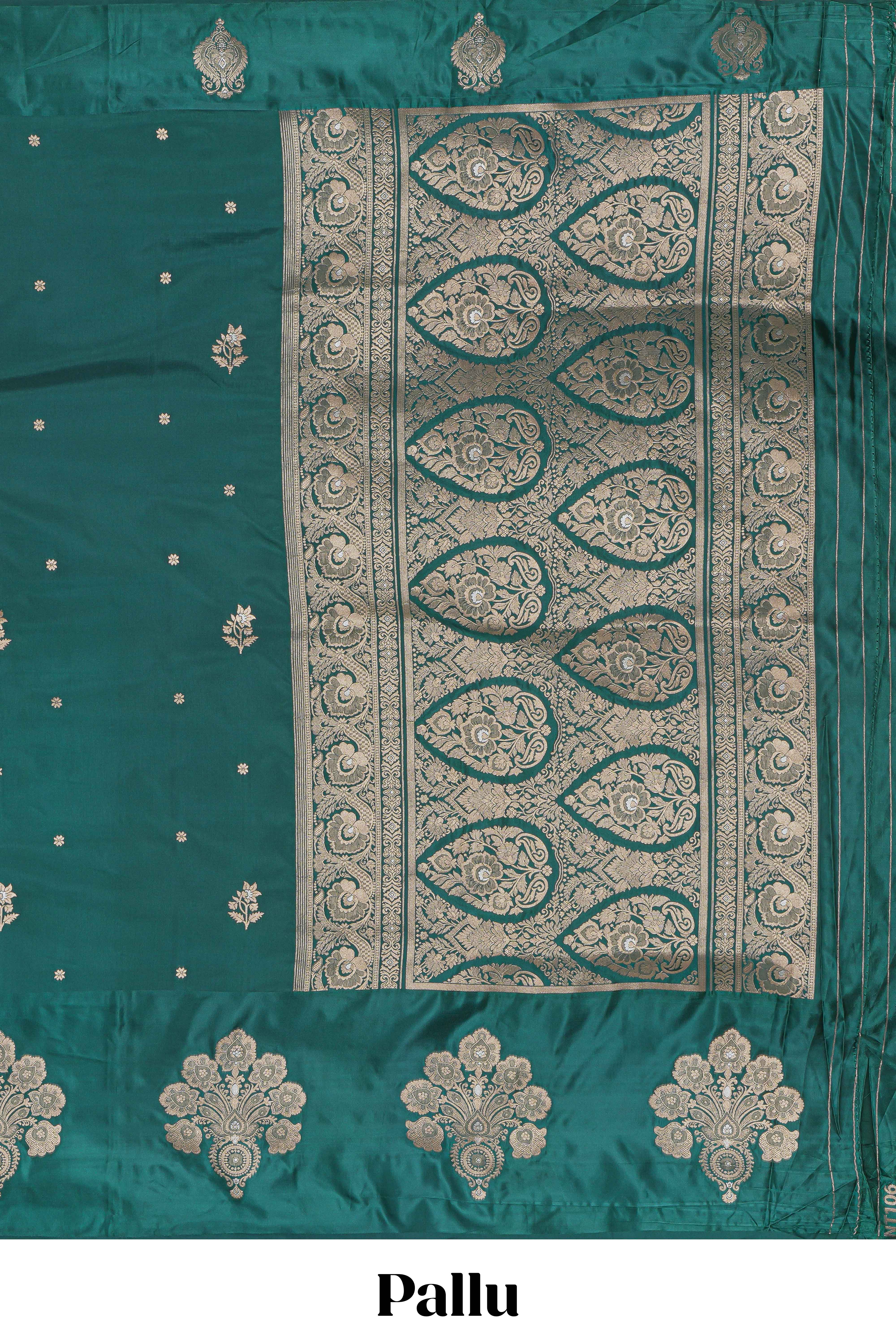 Green floral zari motifs design raw silk saree with self zari border and matching blouse
