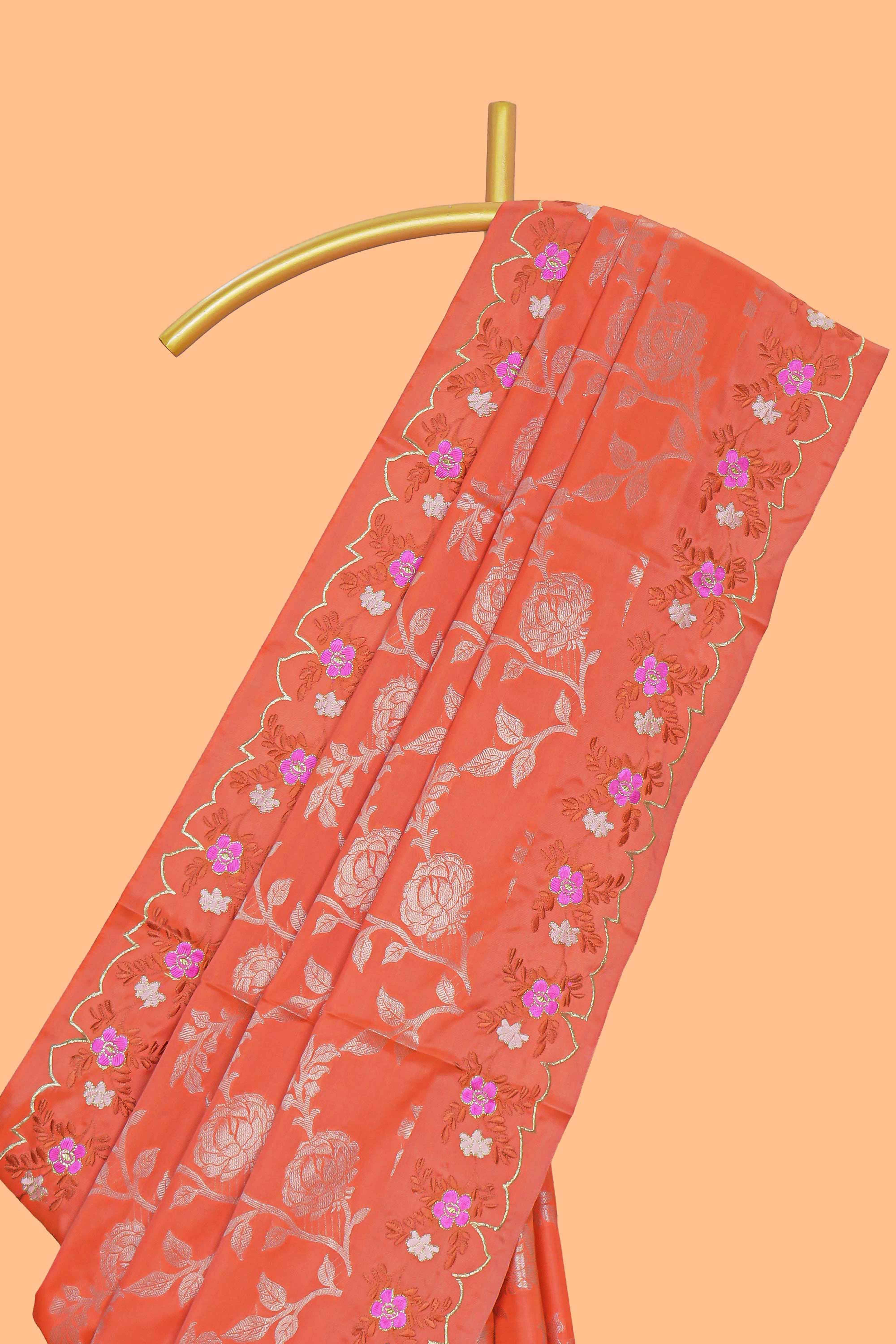 Orange floral zari motifs design raw silk saree with self zari border and matching blouse