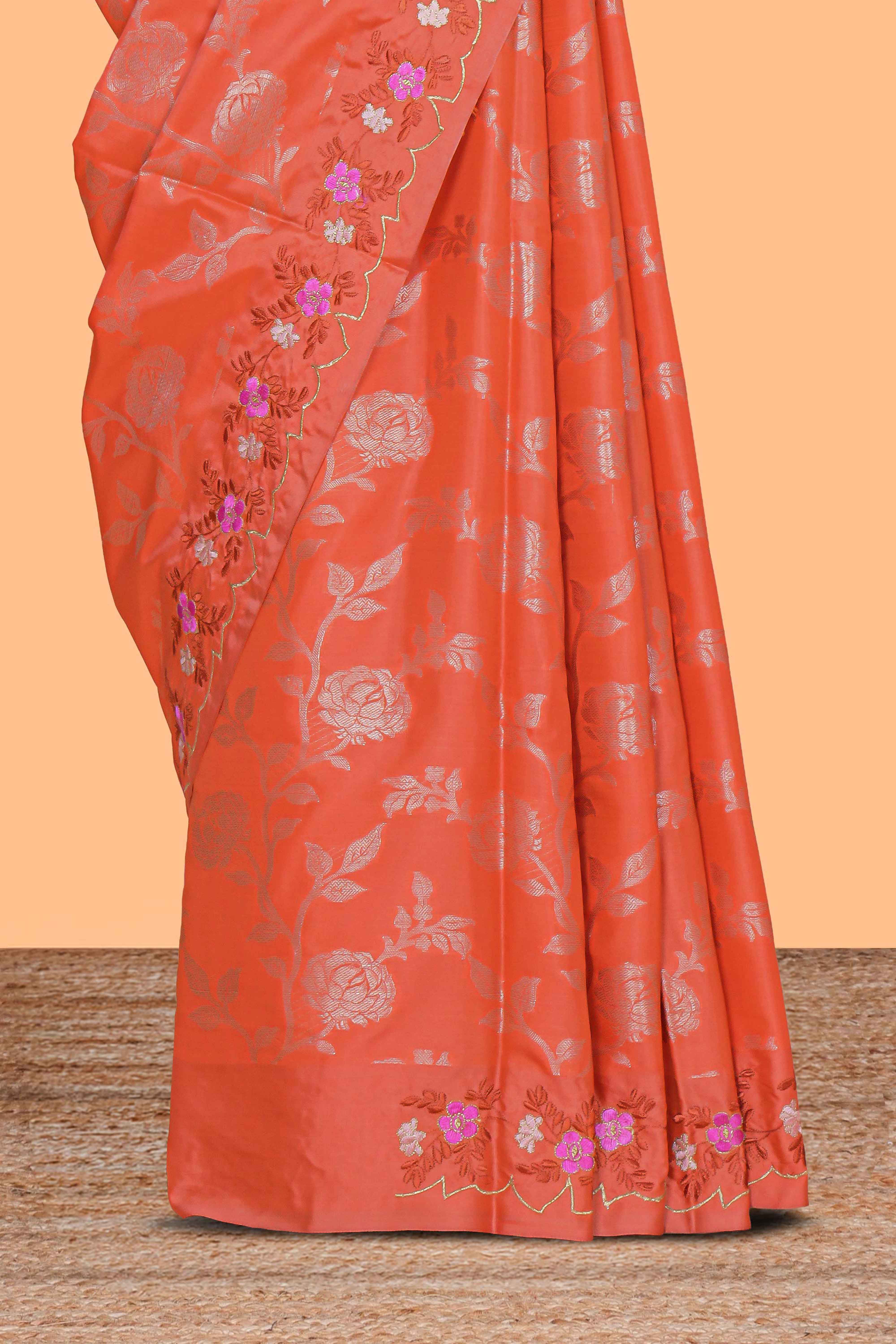 Orange floral zari motifs design raw silk saree with self zari border and matching blouse