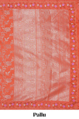 Orange floral zari motifs design raw silk saree with self zari border and matching blouse