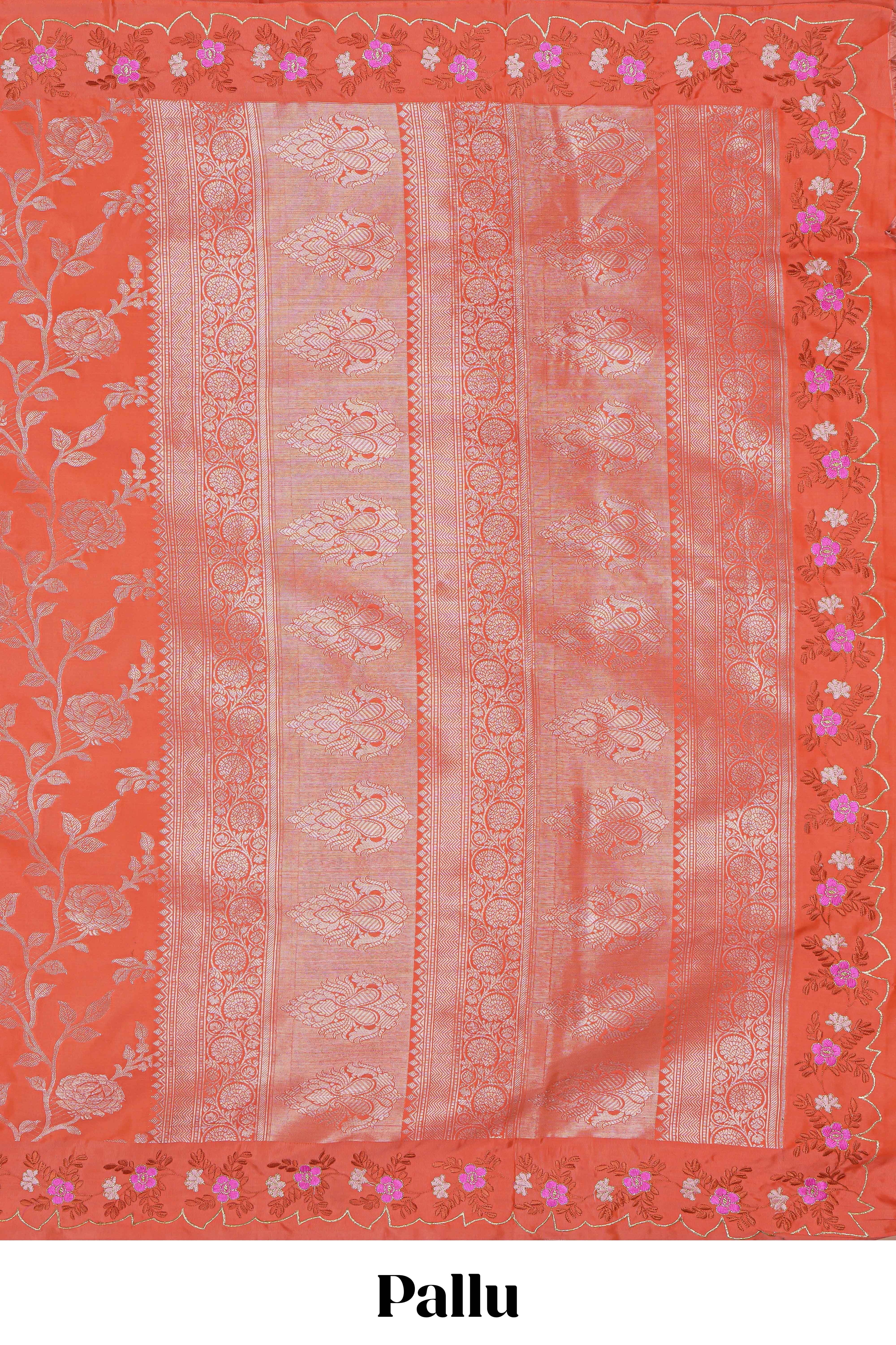 Orange floral zari motifs design raw silk saree with self zari border and matching blouse