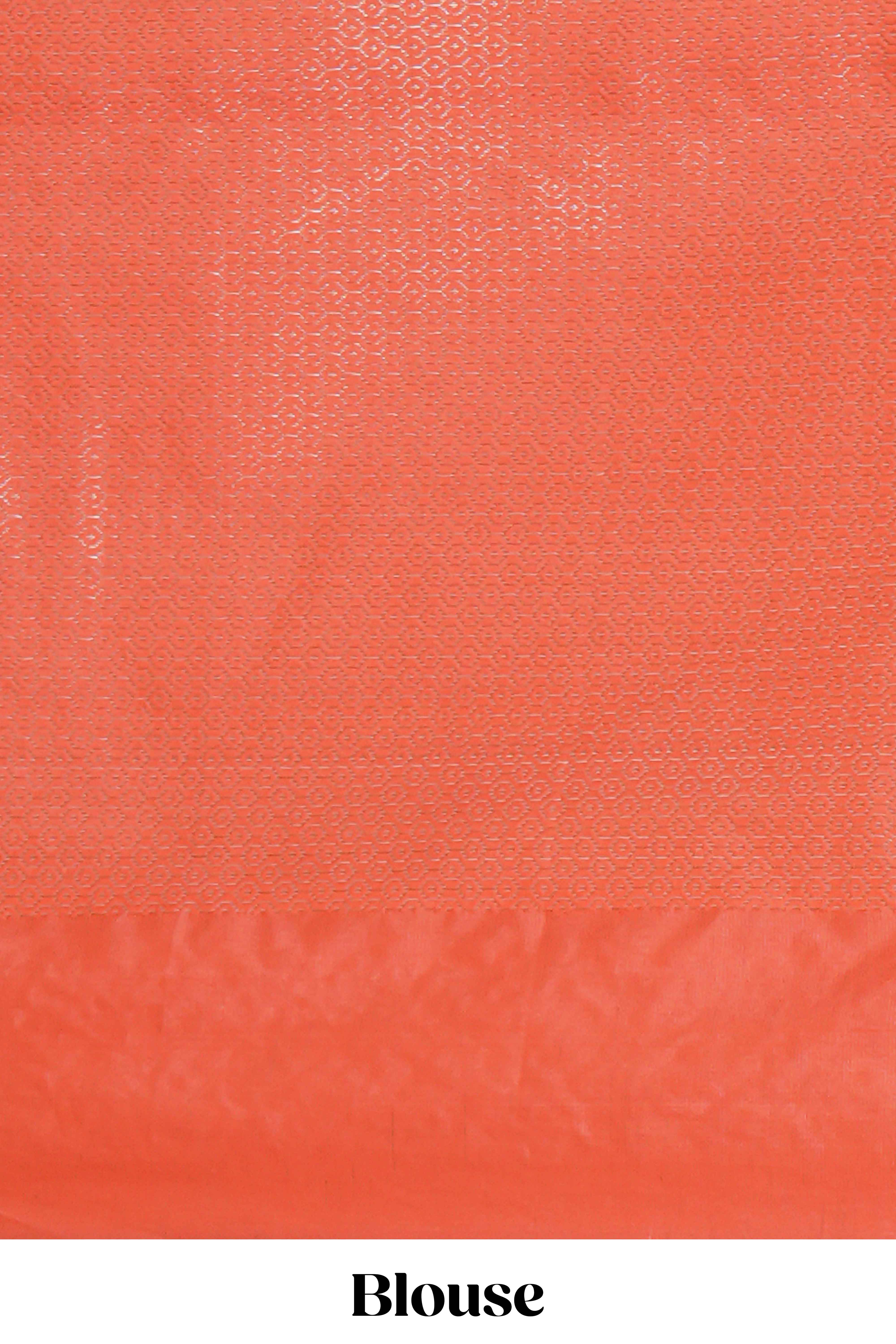 Orange floral zari motifs design raw silk saree with self zari border and matching blouse