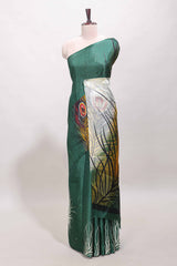 Borderless green peacock feather print south cotton saree with matching blouse