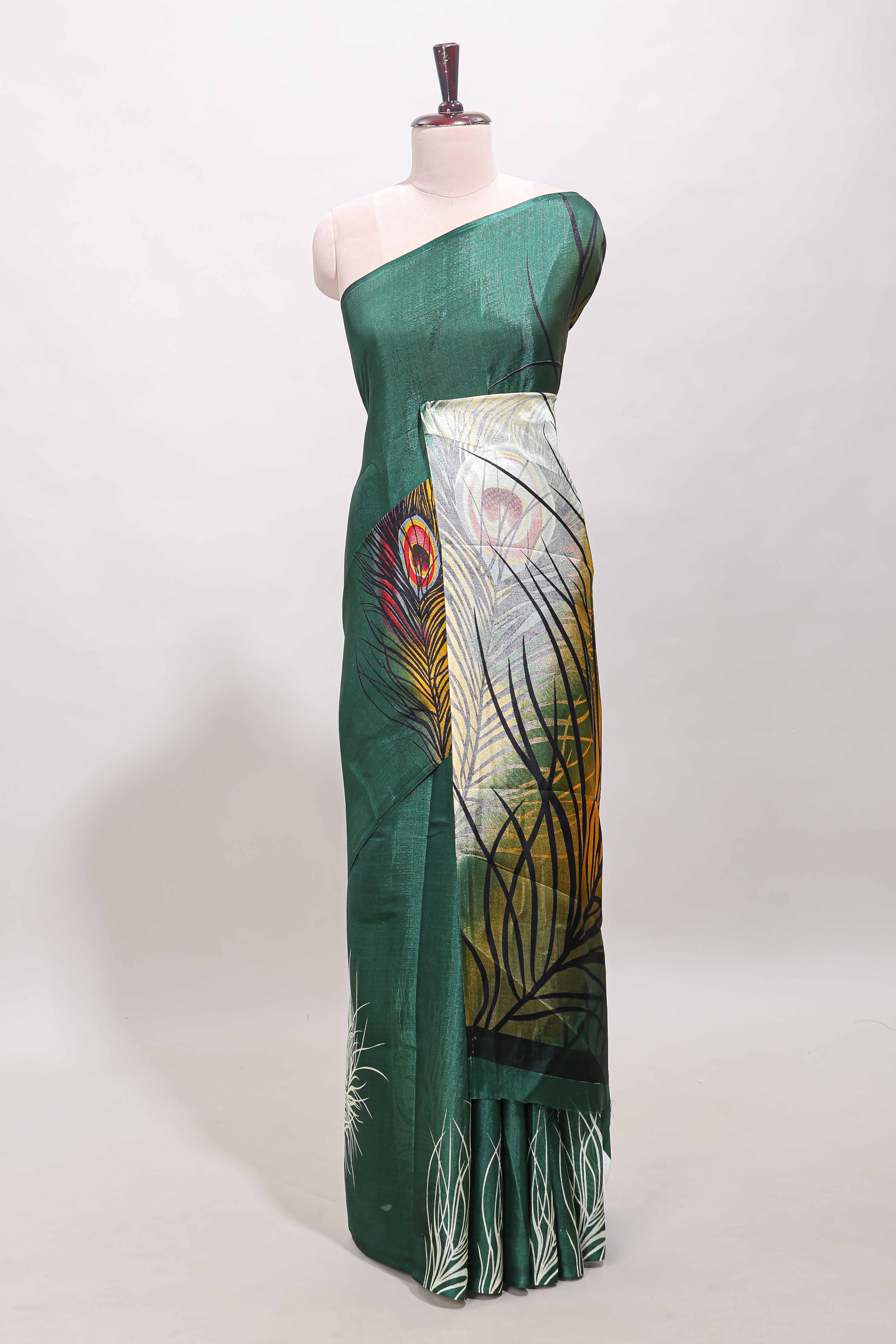 Borderless green peacock feather print south cotton saree with matching blouse