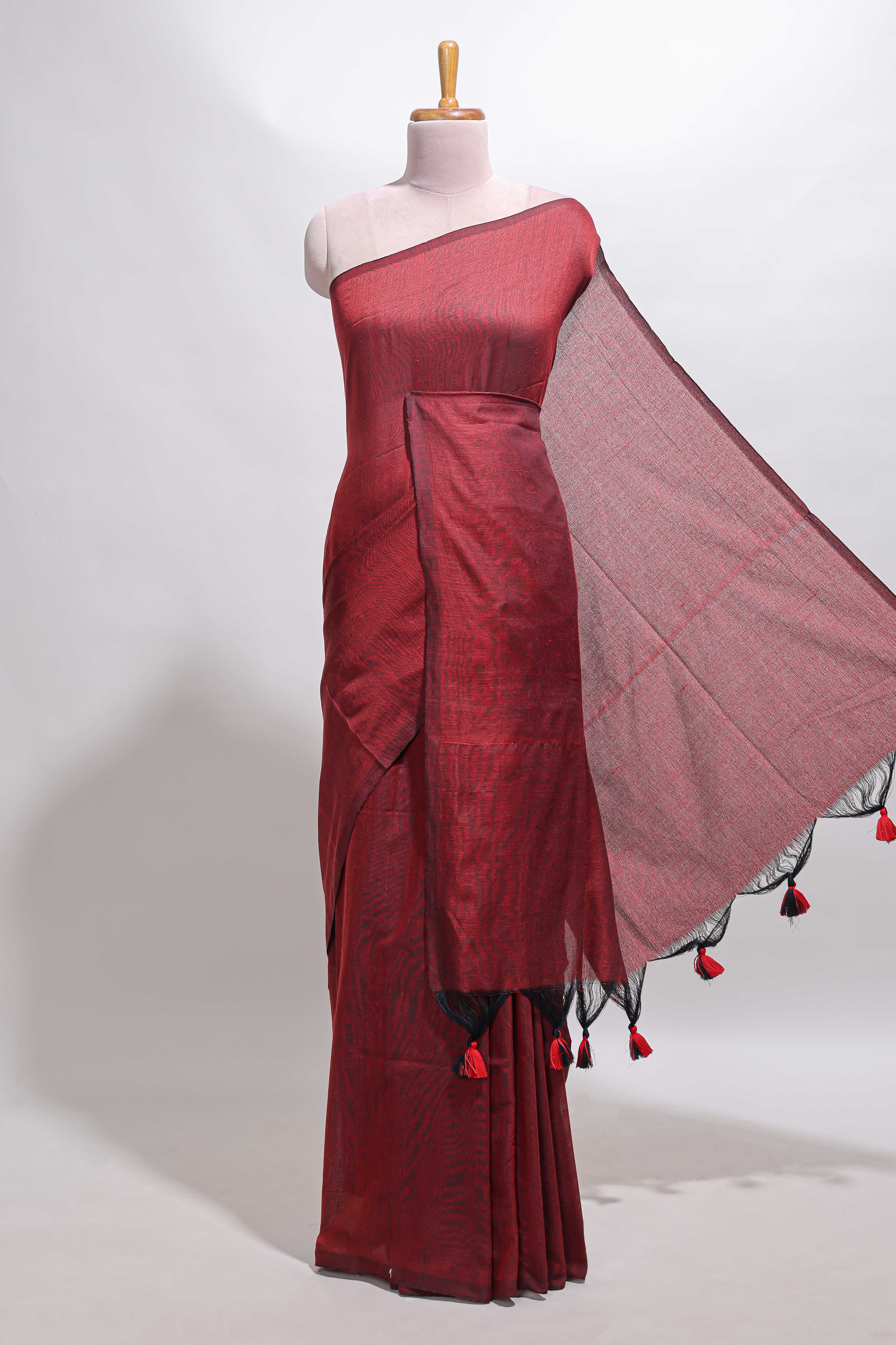 Borderless maroon plain south cotton saree with matching floral print blouse