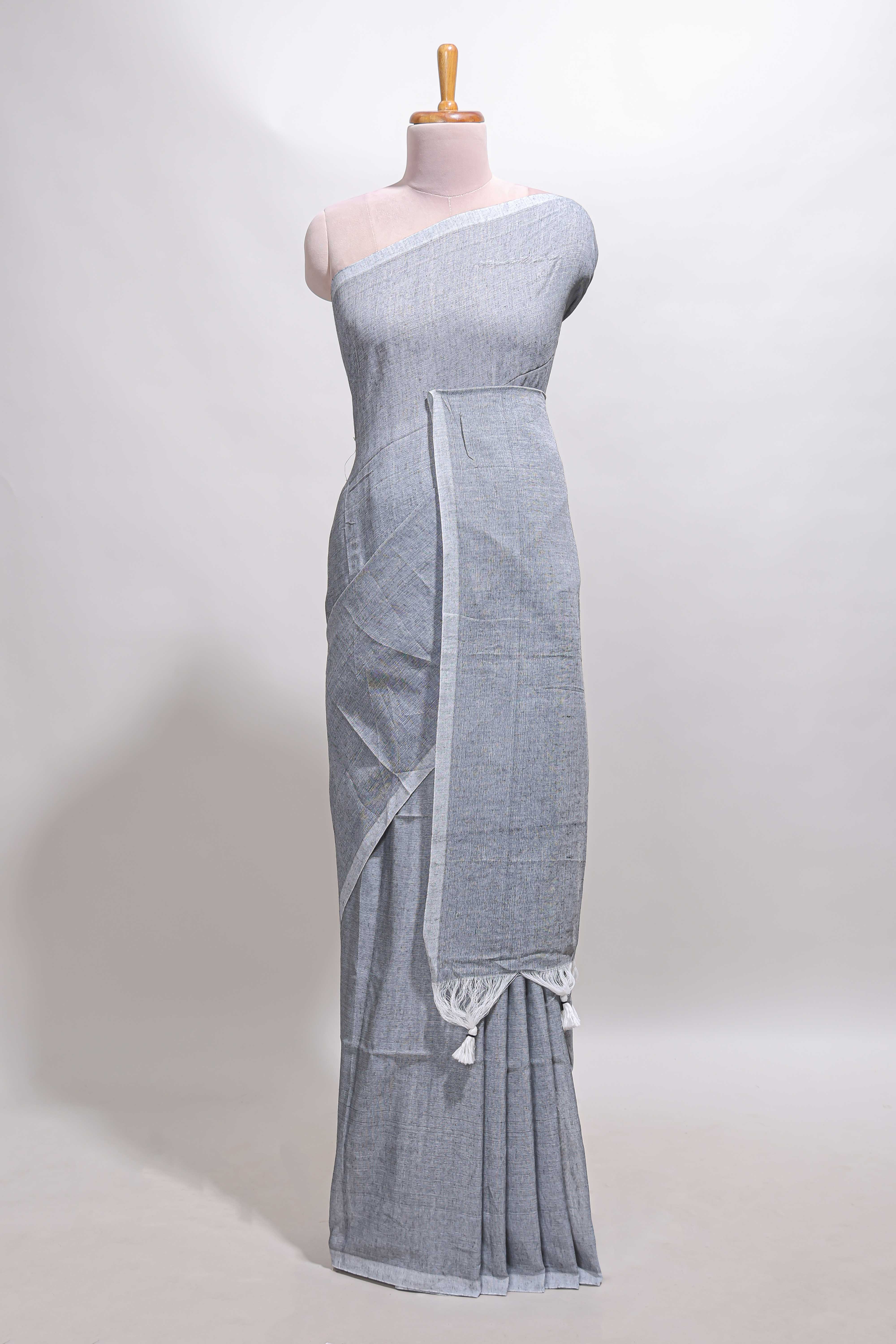 Borderless grey plain south cotton saree with contrast floral print blouse