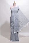 Borderless grey plain south cotton saree with contrast floral print blouse