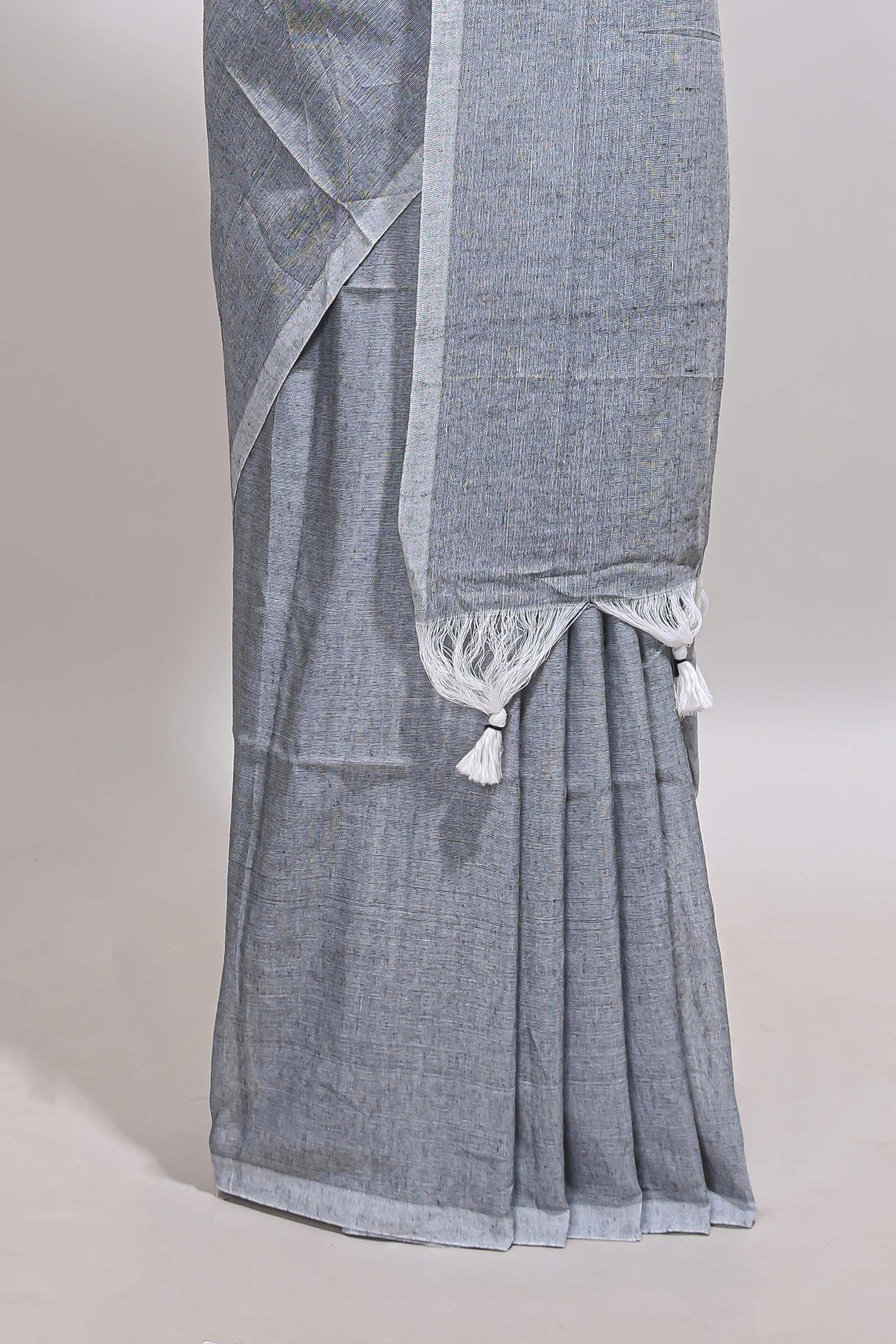 Borderless grey plain south cotton saree with contrast floral print blouse
