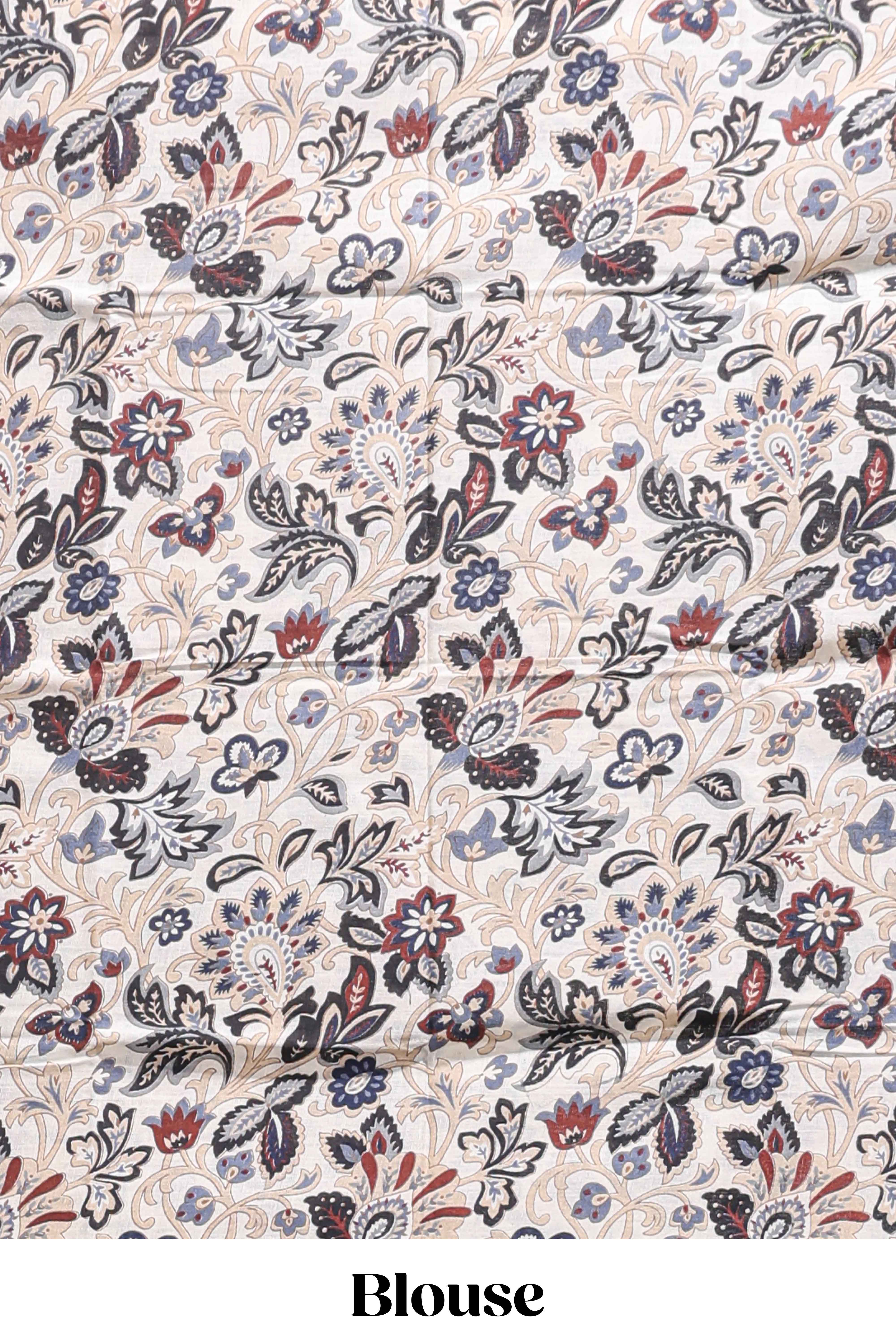 Borderless grey plain south cotton saree with contrast floral print blouse