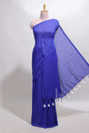 Borderless blue plain south cotton saree with contrast floral print blouse