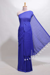 Borderless blue plain south cotton saree with contrast floral print blouse