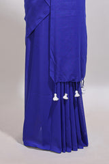 Borderless blue plain south cotton saree with contrast floral print blouse