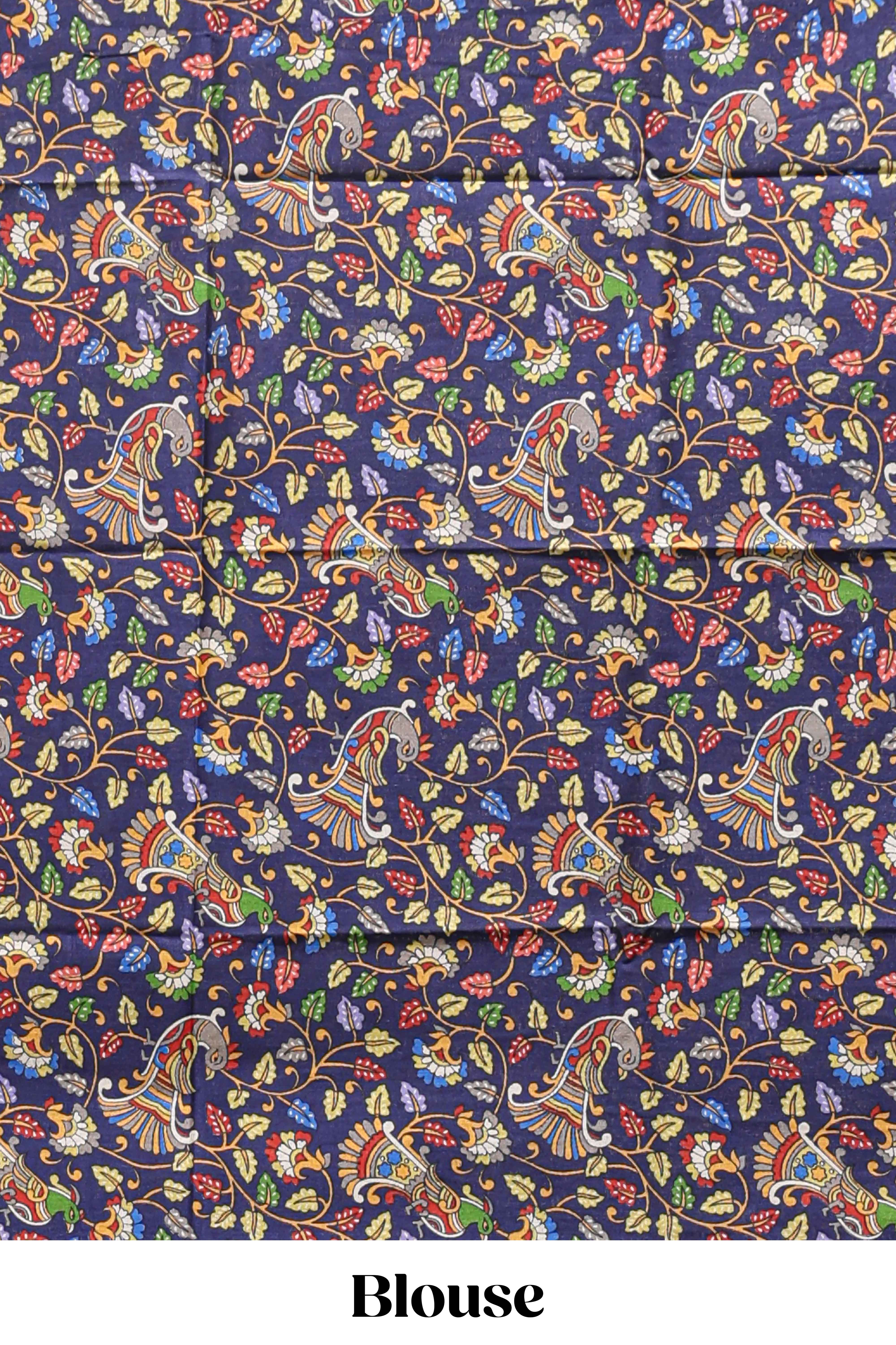 Borderless blue plain south cotton saree with contrast floral print blouse