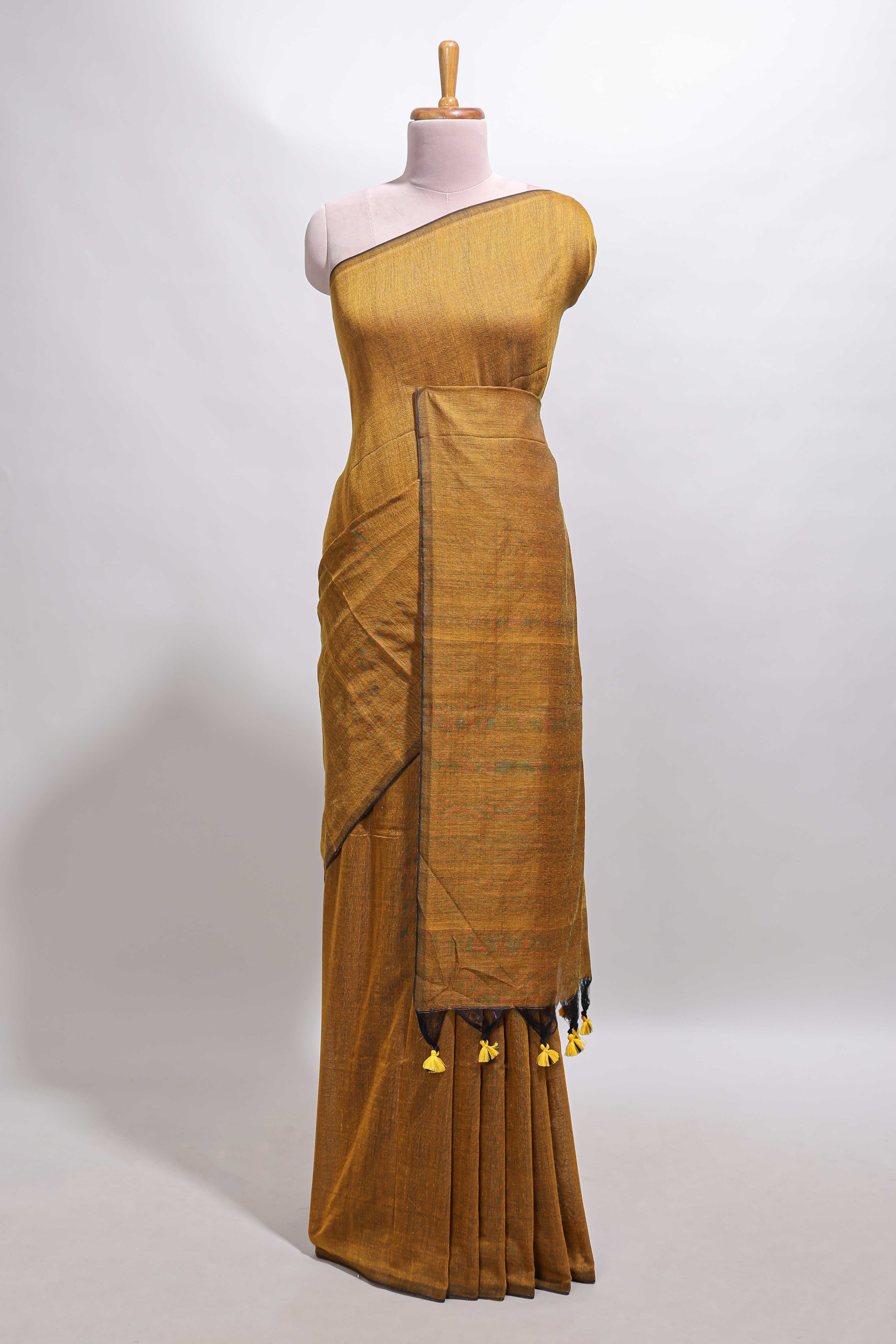 Borderless mustard plain south cotton saree with contrast floral print blouse