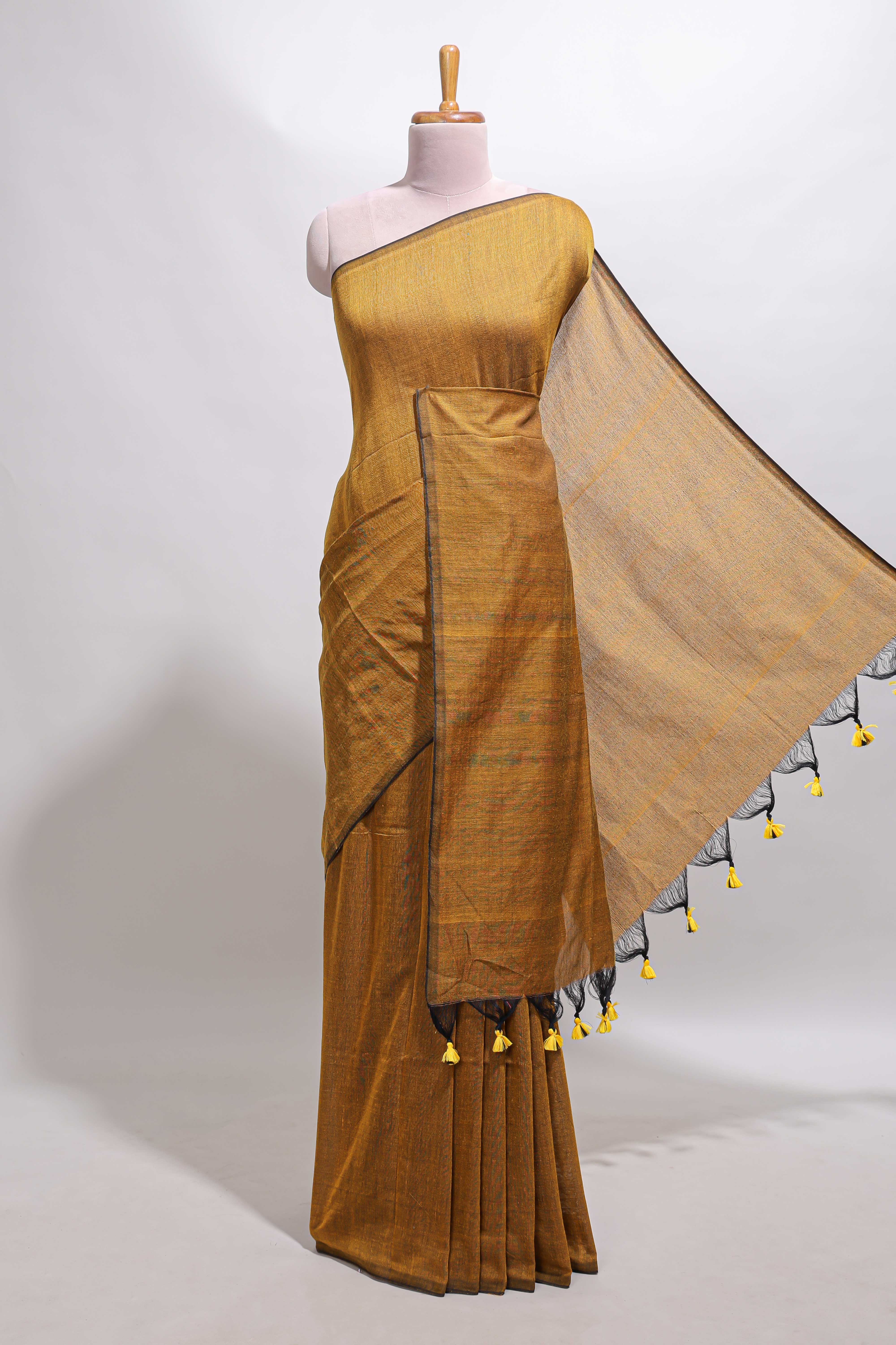 Borderless mustard plain south cotton saree with contrast floral print blouse