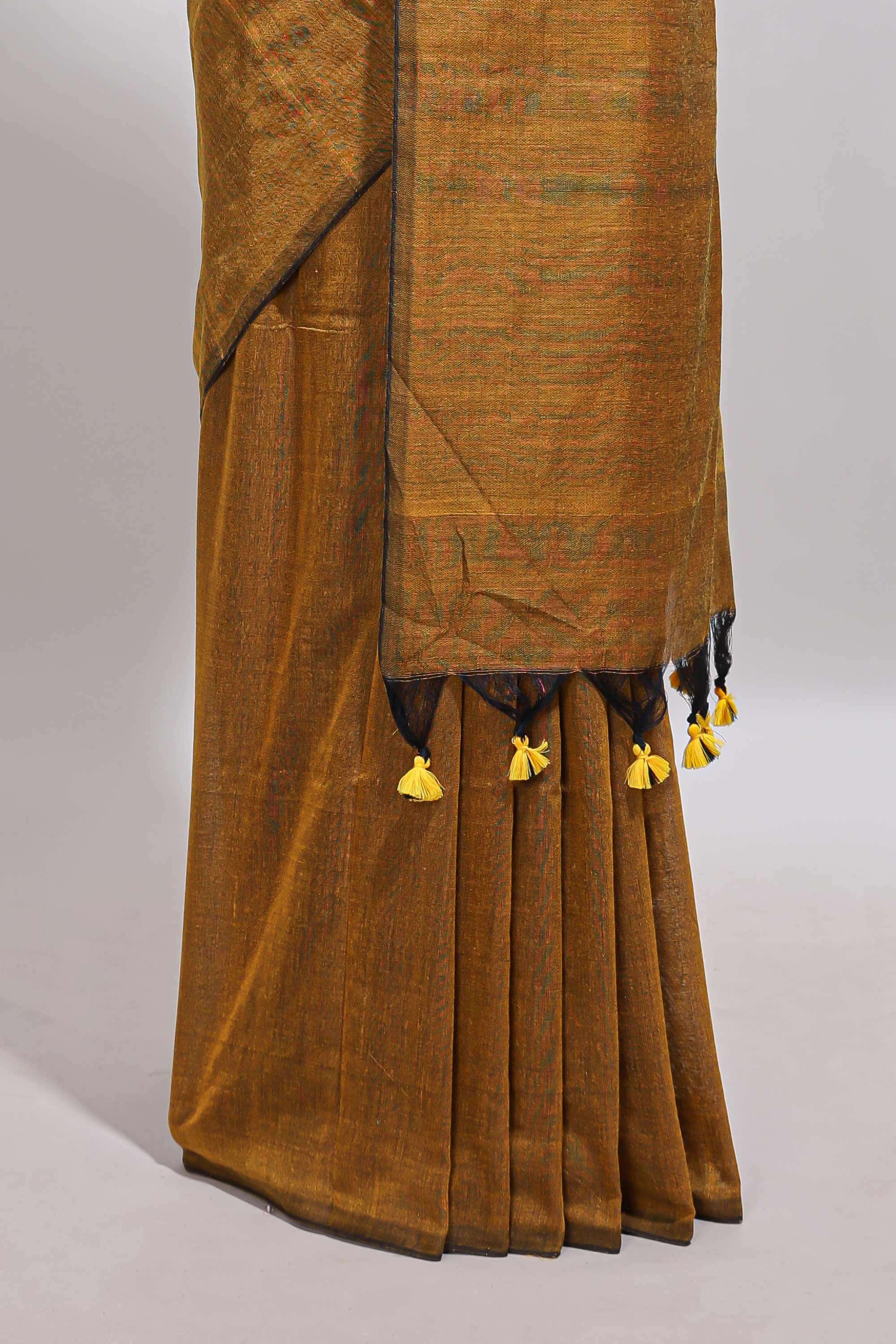 Borderless mustard plain south cotton saree with contrast floral print blouse