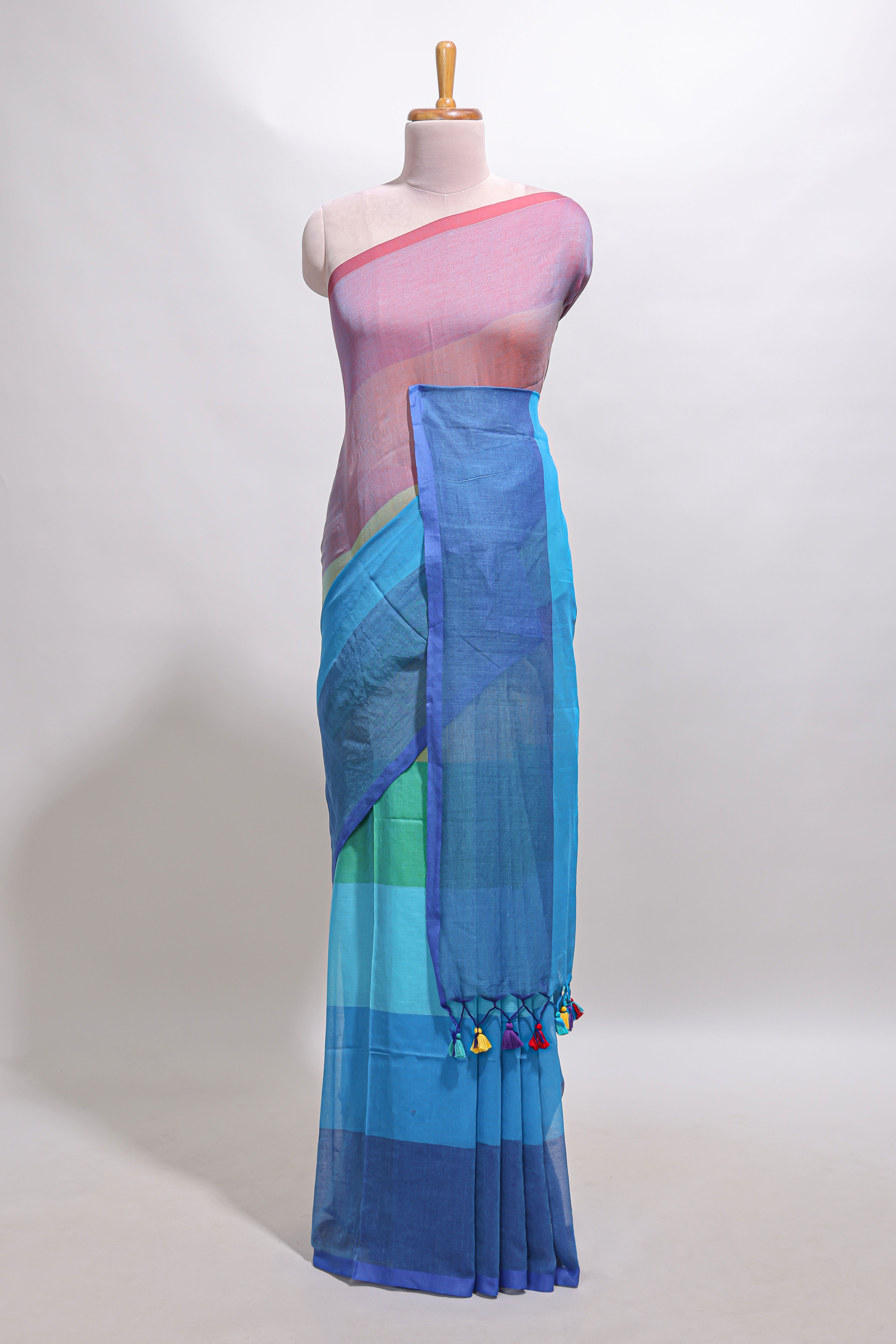 Borderless multi color striped south cotton saree with matching striped blouse