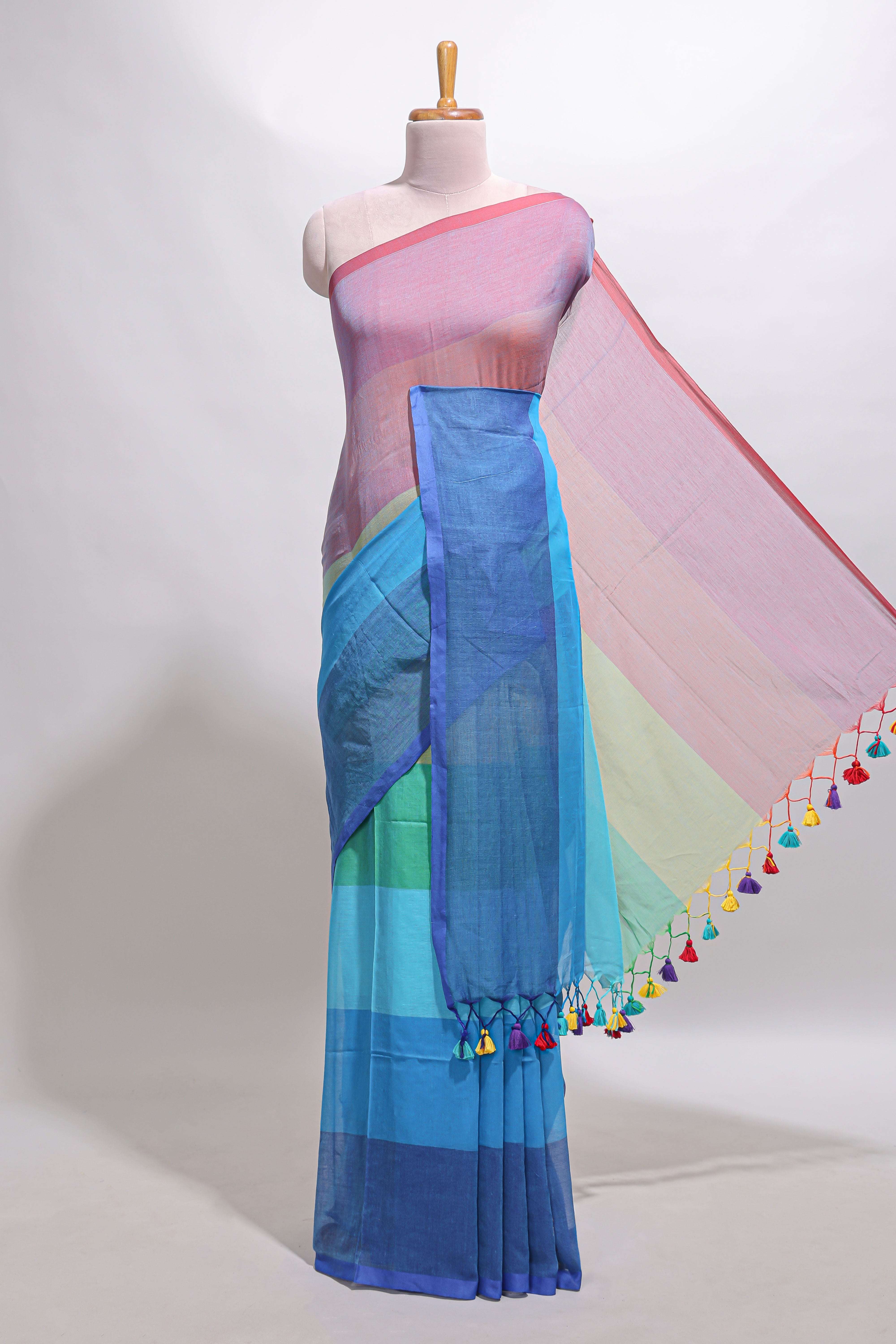 Borderless multi color striped south cotton saree with matching striped blouse