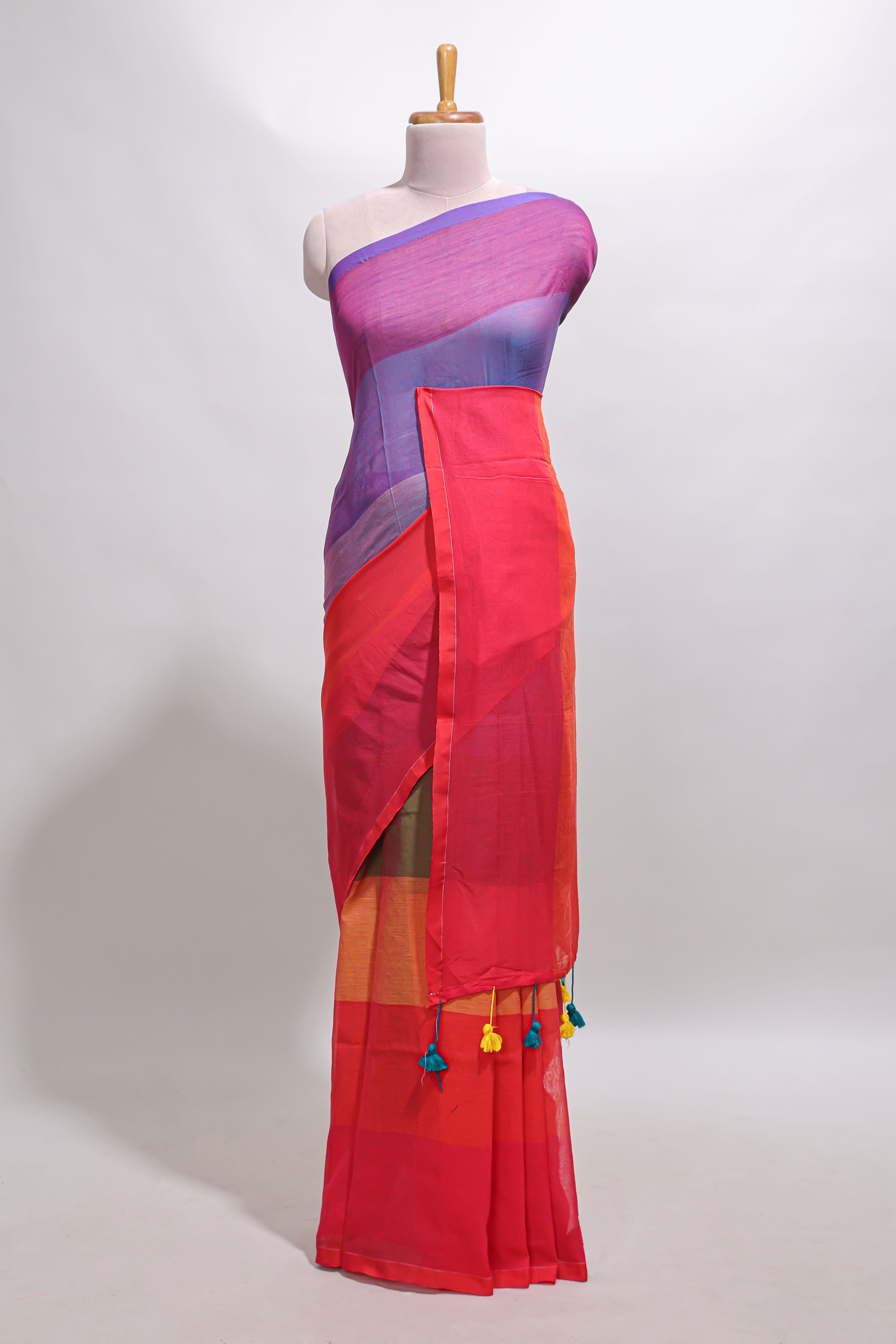 Borderless multi color striped south cotton saree with matching striped blouse